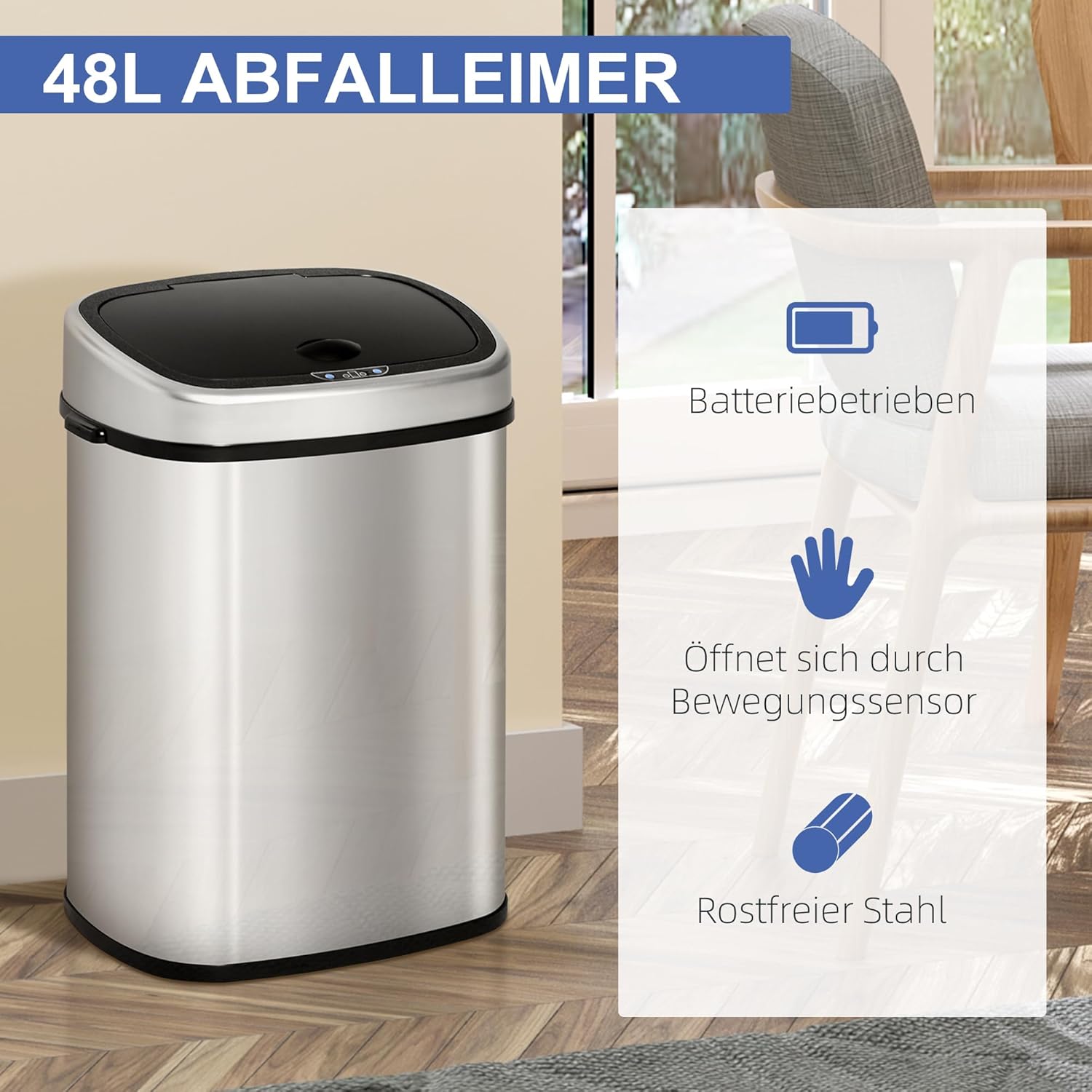 HOMCOM Mülleimer mit Sensor 48L Automatik Abfalleimer mit Bewegungssensor, Wasserdichter Abfallbehälter aus Edelstahl für Küche, Büro, Schlafzimmer Silber — Ansicht 3