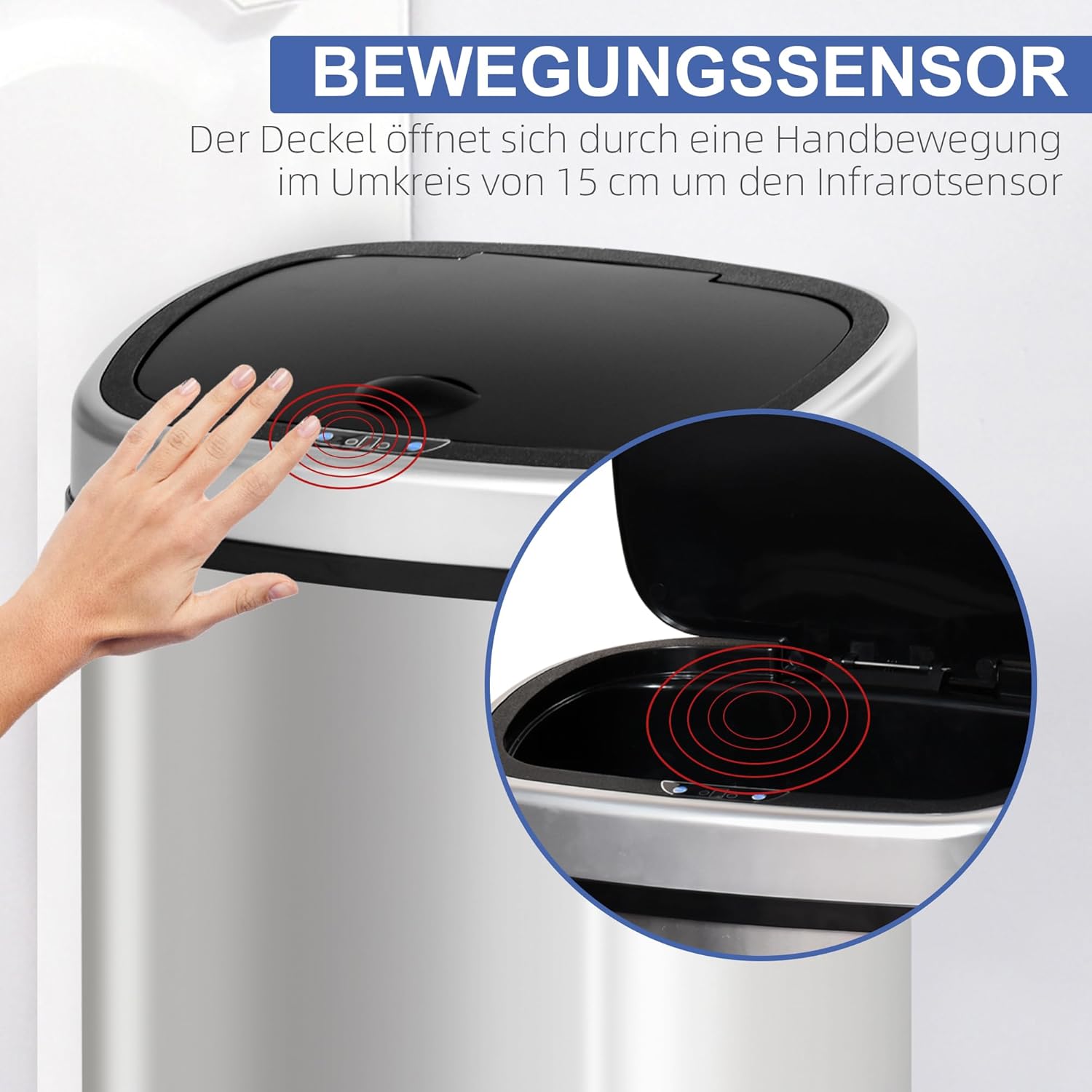 HOMCOM Mülleimer mit Sensor 48L Automatik Abfalleimer mit Bewegungssensor, Wasserdichter Abfallbehälter aus Edelstahl für Küche, Büro, Schlafzimmer Silber — Ansicht 4