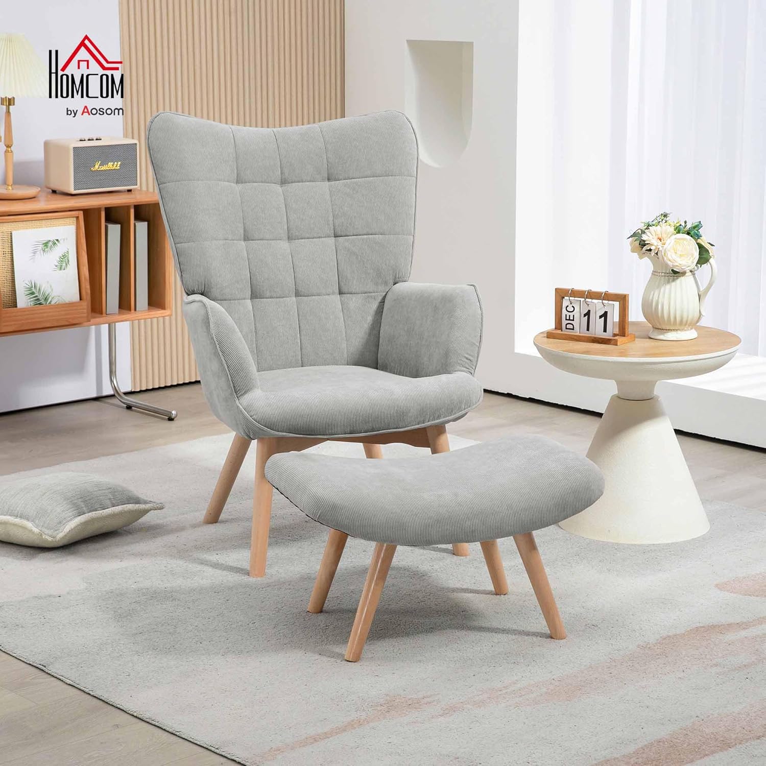 HOMCOM Ohrensessel mit Hocker Sessel Loungesessel mit Cord-Optik, Modern Relaxsessel, Armlehnensessel Lesesessel für Wohnzimmer, Schlafzimmer, Grau — Ansicht 2