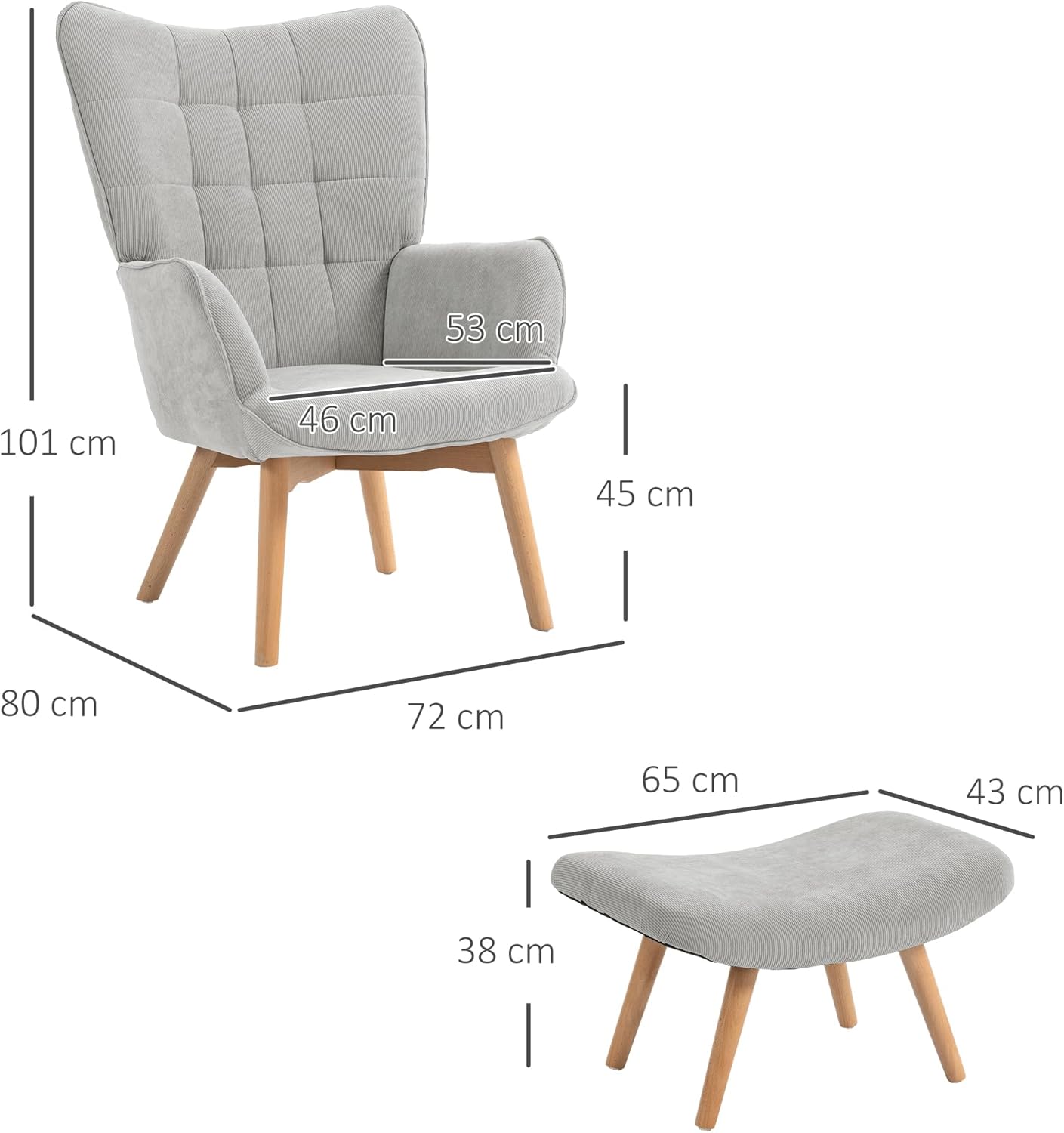 HOMCOM Ohrensessel mit Hocker Sessel Loungesessel mit Cord-Optik, Modern Relaxsessel, Armlehnensessel Lesesessel für Wohnzimmer, Schlafzimmer, Grau — Ansicht 3