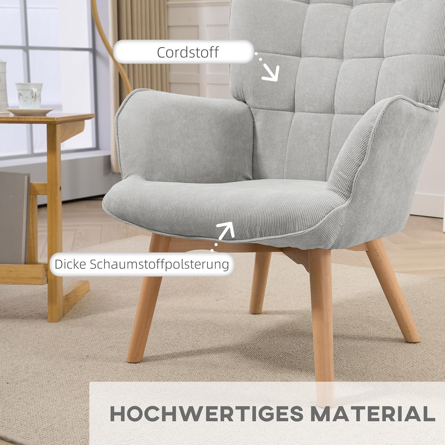 HOMCOM Ohrensessel mit Hocker Sessel Loungesessel mit Cord-Optik, Modern Relaxsessel, Armlehnensessel Lesesessel für Wohnzimmer, Schlafzimmer, Grau — Ansicht 4