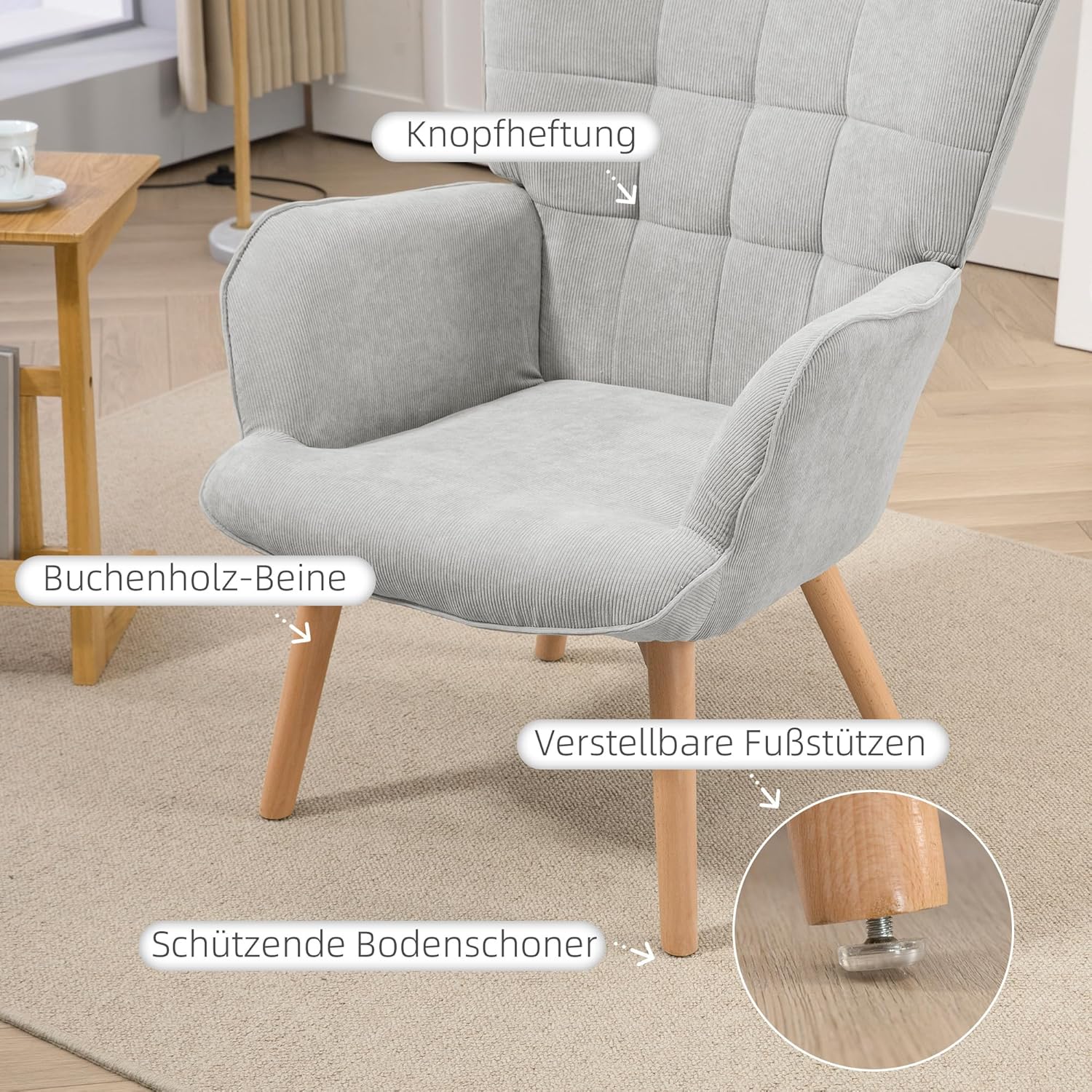 HOMCOM Ohrensessel mit Hocker Sessel Loungesessel mit Cord-Optik, Modern Relaxsessel, Armlehnensessel Lesesessel für Wohnzimmer, Schlafzimmer, Grau — Ansicht 5
