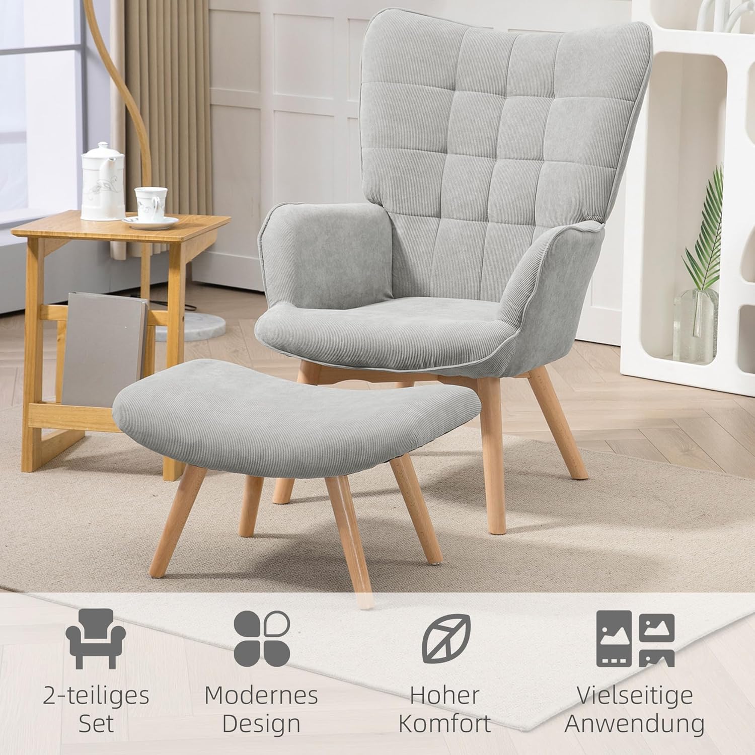 HOMCOM Ohrensessel mit Hocker Sessel Loungesessel mit Cord-Optik, Modern Relaxsessel, Armlehnensessel Lesesessel für Wohnzimmer, Schlafzimmer, Grau — Ansicht 6