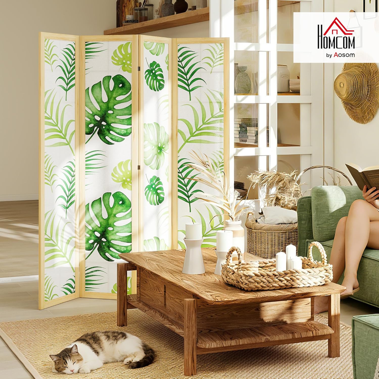 HOMCOM Paravent 4-teilig 160 x 170 cm Raumteiler Faltbar Sichtschutz aus Kiefernholz Freistehend Trennwand mit Palmenblatt-Design Raumtrenner für Wohnzimmer, Schlafzimmer, Büro, Naturholz+Grün — Ansicht 2