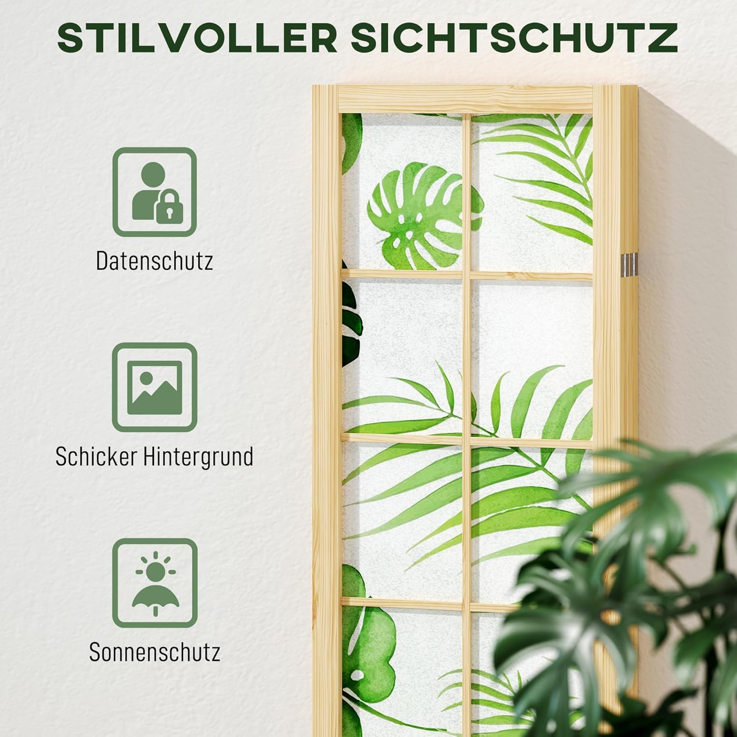HOMCOM Paravent 4-teilig 160 x 170 cm Raumteiler Faltbar Sichtschutz aus Kiefernholz Freistehend Trennwand mit Palmenblatt-Design Raumtrenner für Wohnzimmer, Schlafzimmer, Büro, Naturholz+Grün — Ansicht 3
