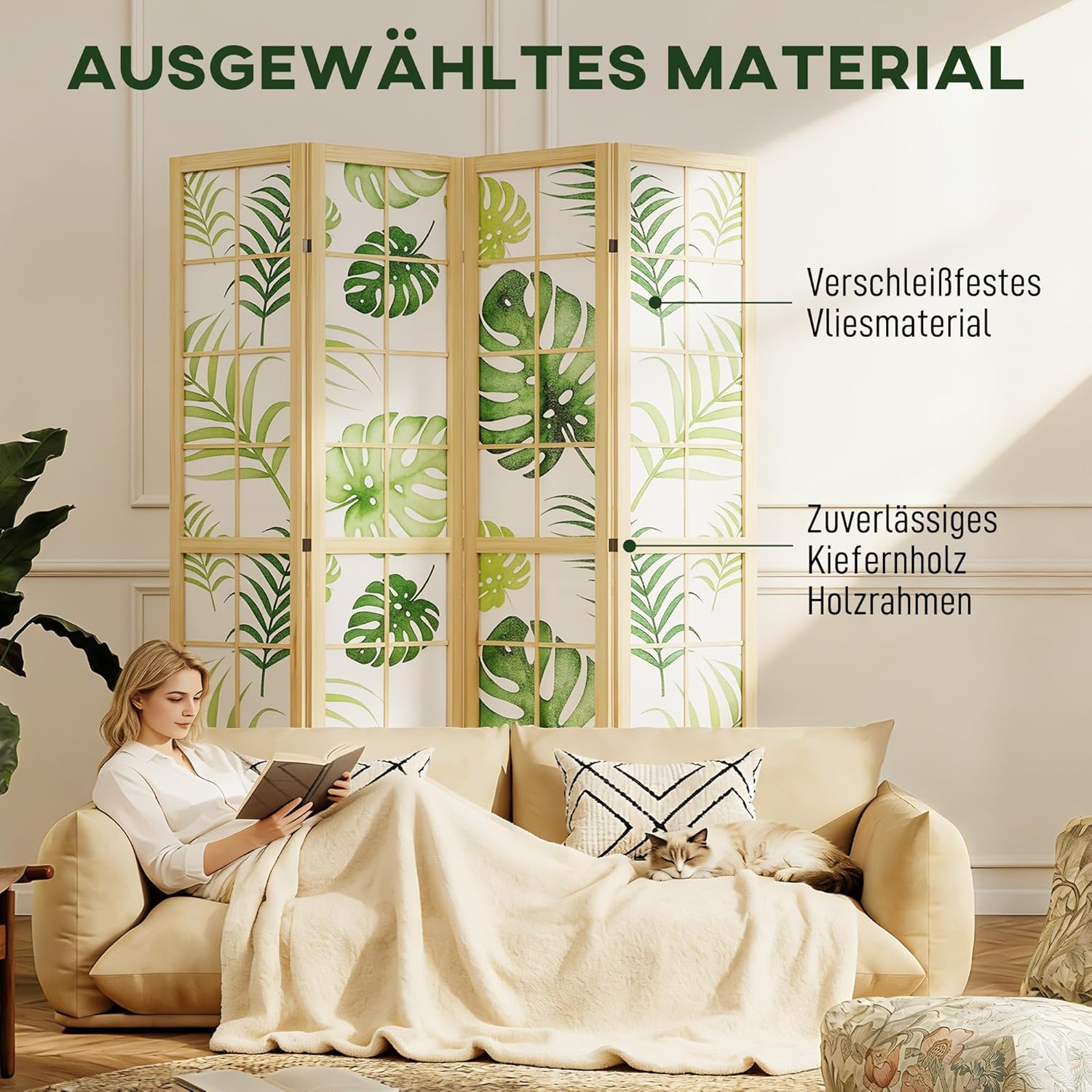 HOMCOM Paravent 4-teilig 160 x 170 cm Raumteiler Faltbar Sichtschutz aus Kiefernholz Freistehend Trennwand mit Palmenblatt-Design Raumtrenner für Wohnzimmer, Schlafzimmer, Büro, Naturholz+Grün — Ansicht 5