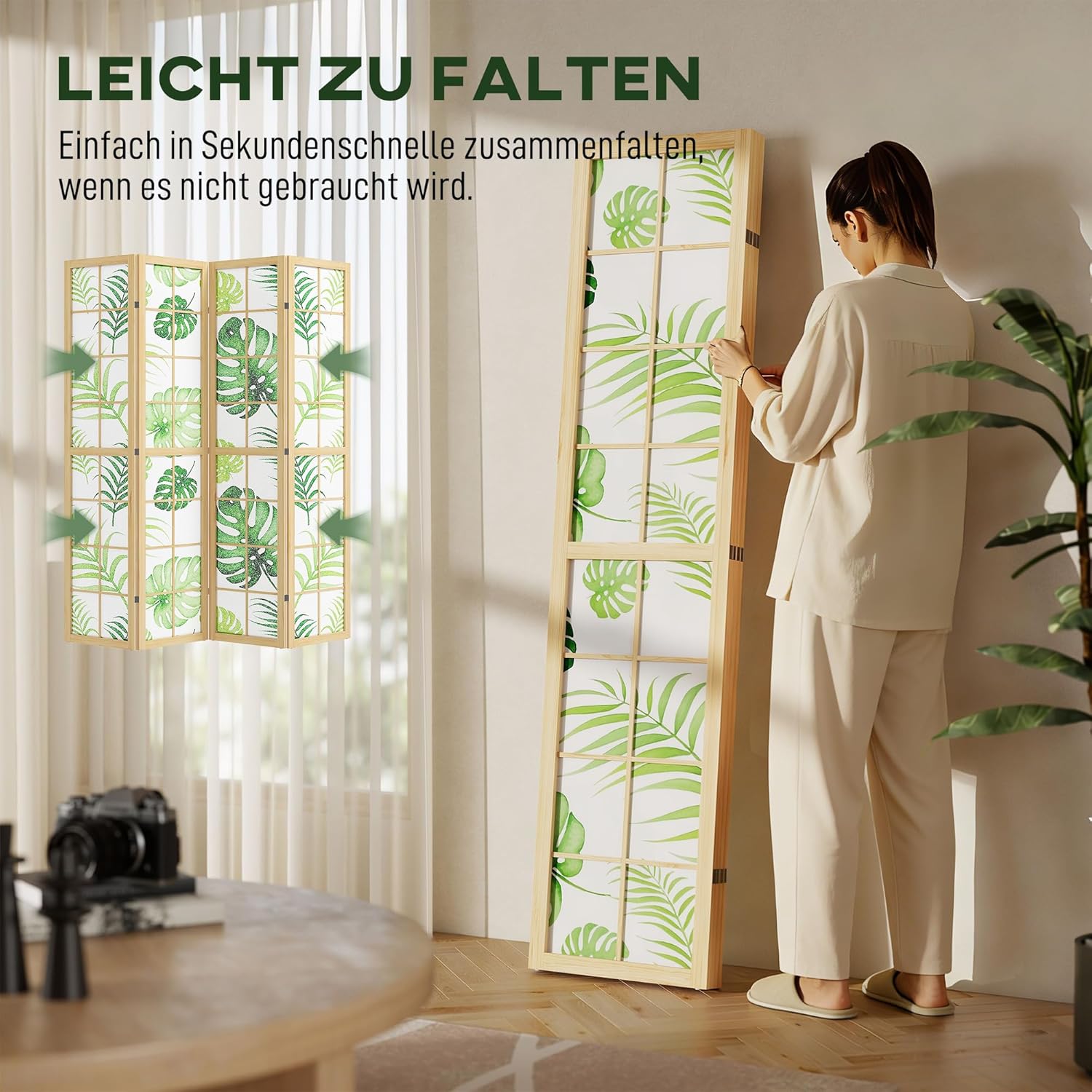 HOMCOM Paravent 4-teilig 160 x 170 cm Raumteiler Faltbar Sichtschutz aus Kiefernholz Freistehend Trennwand mit Palmenblatt-Design Raumtrenner für Wohnzimmer, Schlafzimmer, Büro, Naturholz+Grün — Ansicht 6
