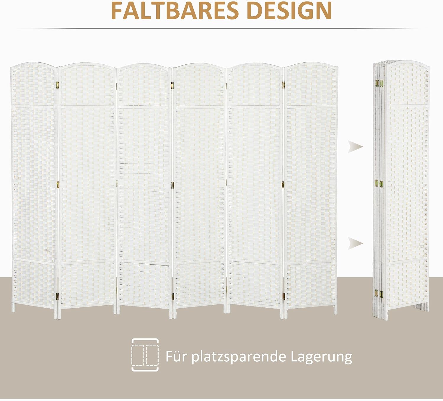 HOMCOM Paravent 6-teilig 240 x 170 cm Raumteiler Faltbar Trennwand aus Kiefernholz, Sichtschutz Raumtrenner Stellwand für Schlafzimmer Wohnzimmer Weiß — Ansicht 4