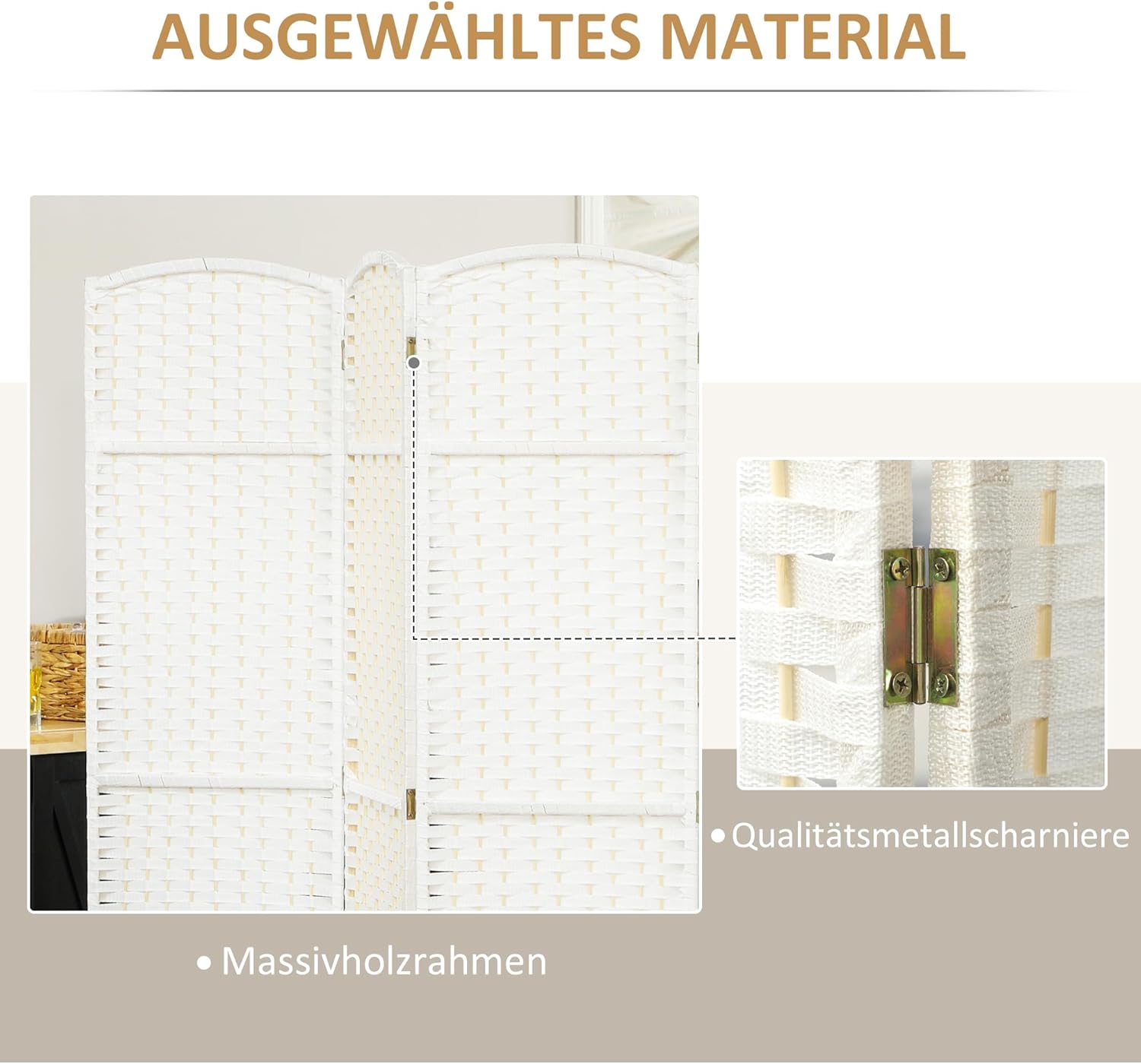 HOMCOM Paravent 6-teilig 240 x 170 cm Raumteiler Faltbar Trennwand aus Kiefernholz, Sichtschutz Raumtrenner Stellwand für Schlafzimmer Wohnzimmer Weiß — Ansicht 5