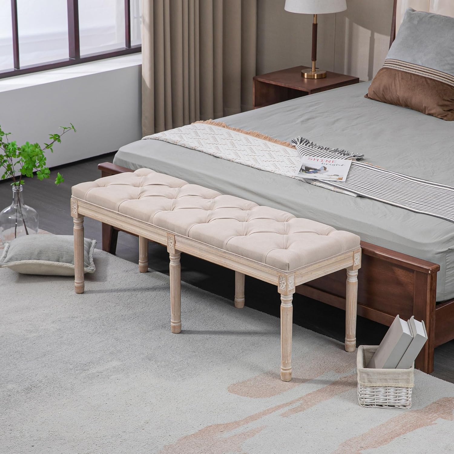 HOMCOM Polsterbank Sitzbank Vintage Bettbank, Schlafzimmerbank mit Knöpfen, Leinenoptik, bis 120 kg Belastbar, 117x40x48cm, Beige — Ansicht 2