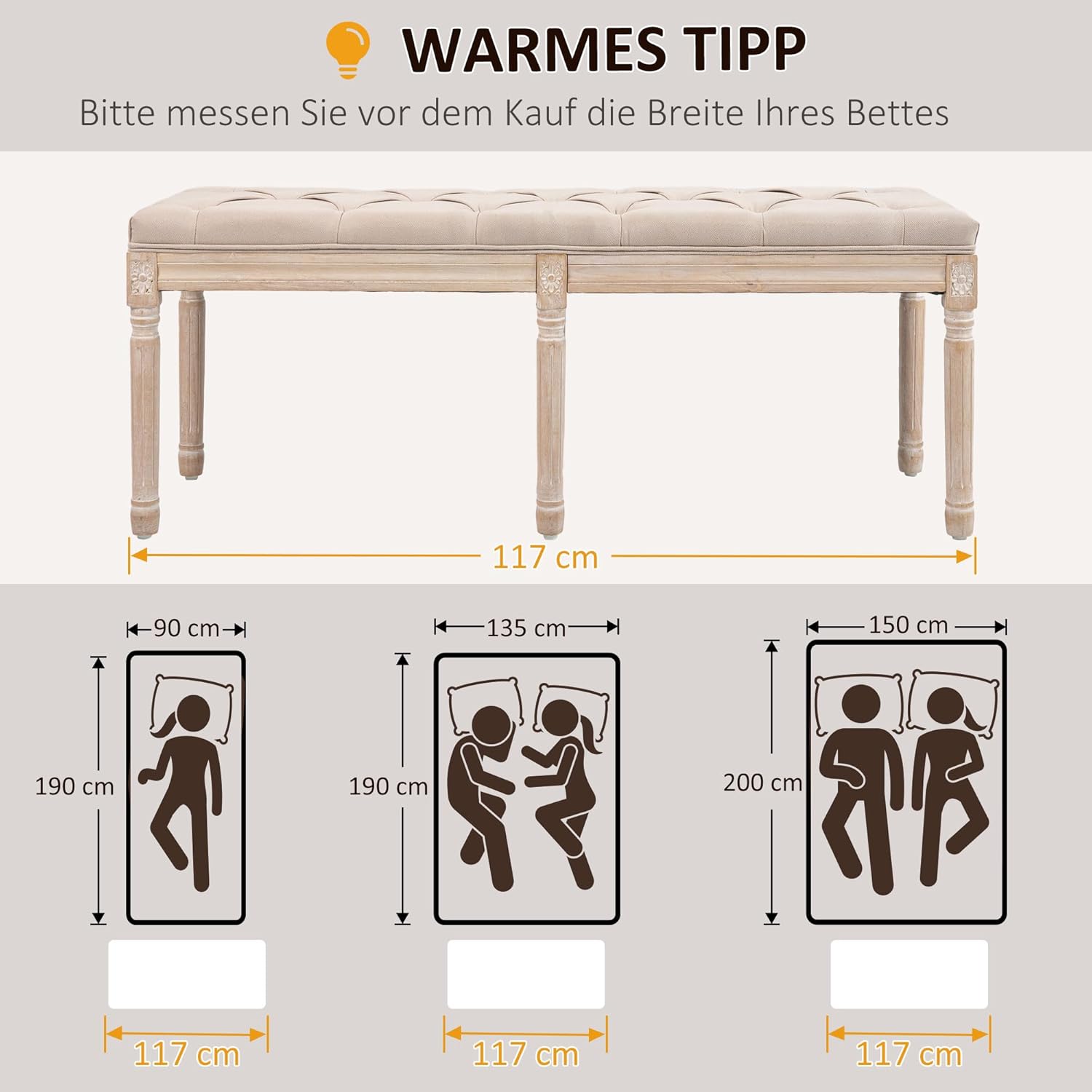 HOMCOM Polsterbank Sitzbank Vintage Bettbank, Schlafzimmerbank mit Knöpfen, Leinenoptik, bis 120 kg Belastbar, 117x40x48cm, Beige — Ansicht 3