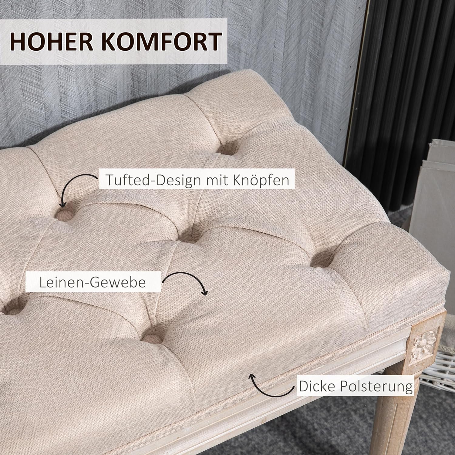 HOMCOM Polsterbank Sitzbank Vintage Bettbank, Schlafzimmerbank mit Knöpfen, Leinenoptik, bis 120 kg Belastbar, 117x40x48cm, Beige — Ansicht 4