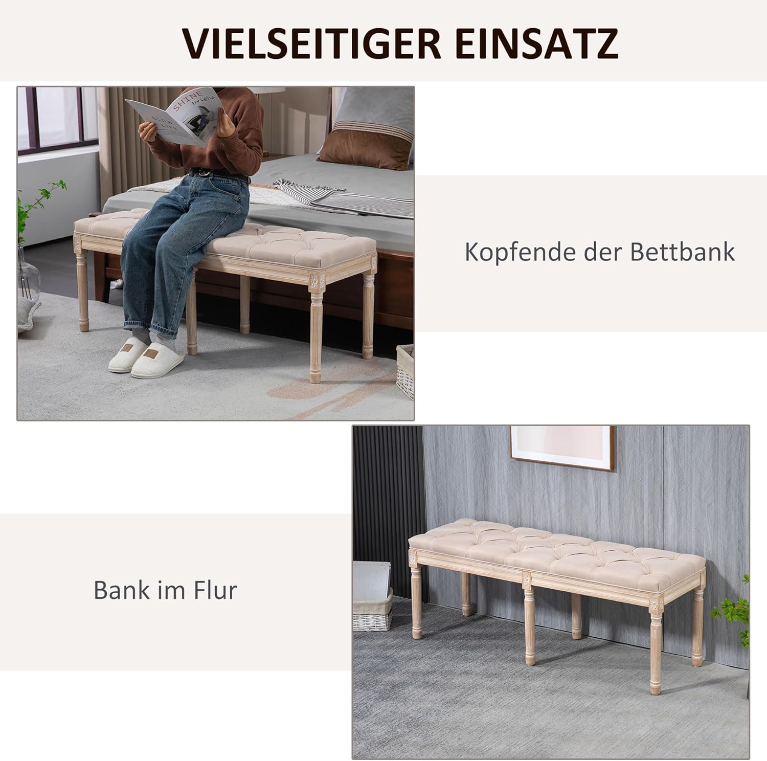 HOMCOM Polsterbank Sitzbank Vintage Bettbank, Schlafzimmerbank mit Knöpfen, Leinenoptik, bis 120 kg Belastbar, 117x40x48cm, Beige — Ansicht 6