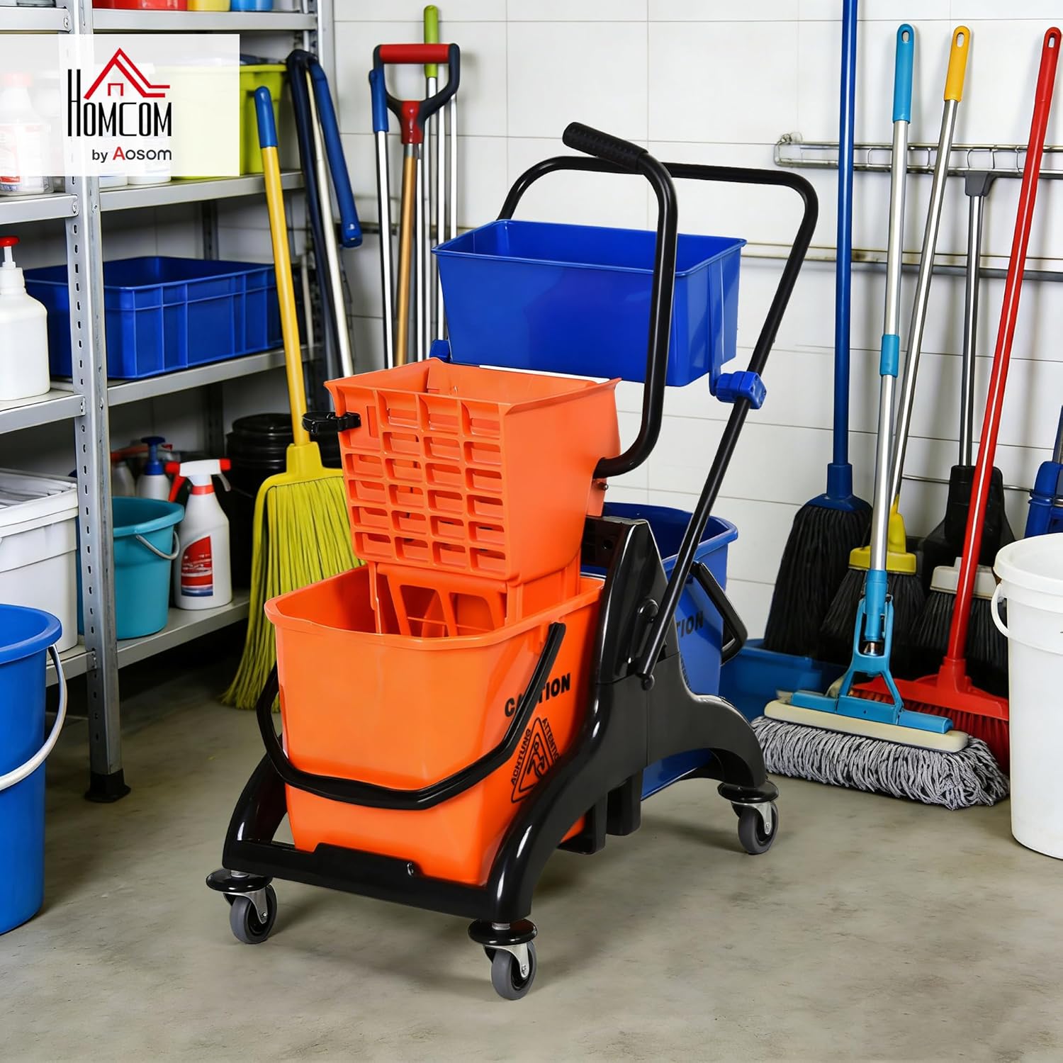 HOMCOM Putzwagen Reinigungswagen 26 Liter Wischwagen mit Wischmopp-Presse, Haushaltswagen auf Rollen Orange — Ansicht 2