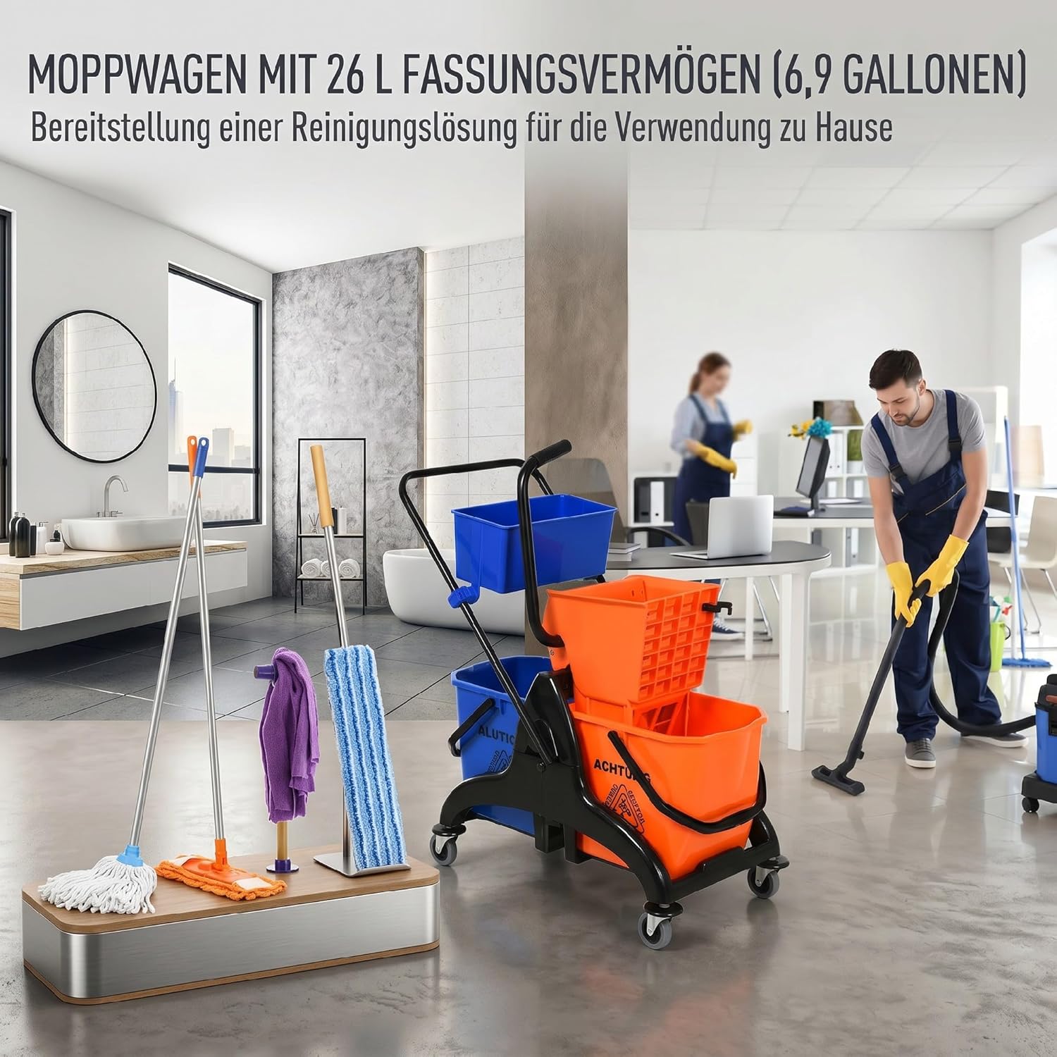 HOMCOM Putzwagen Reinigungswagen 26 Liter Wischwagen mit Wischmopp-Presse, Haushaltswagen auf Rollen Orange — Ansicht 3