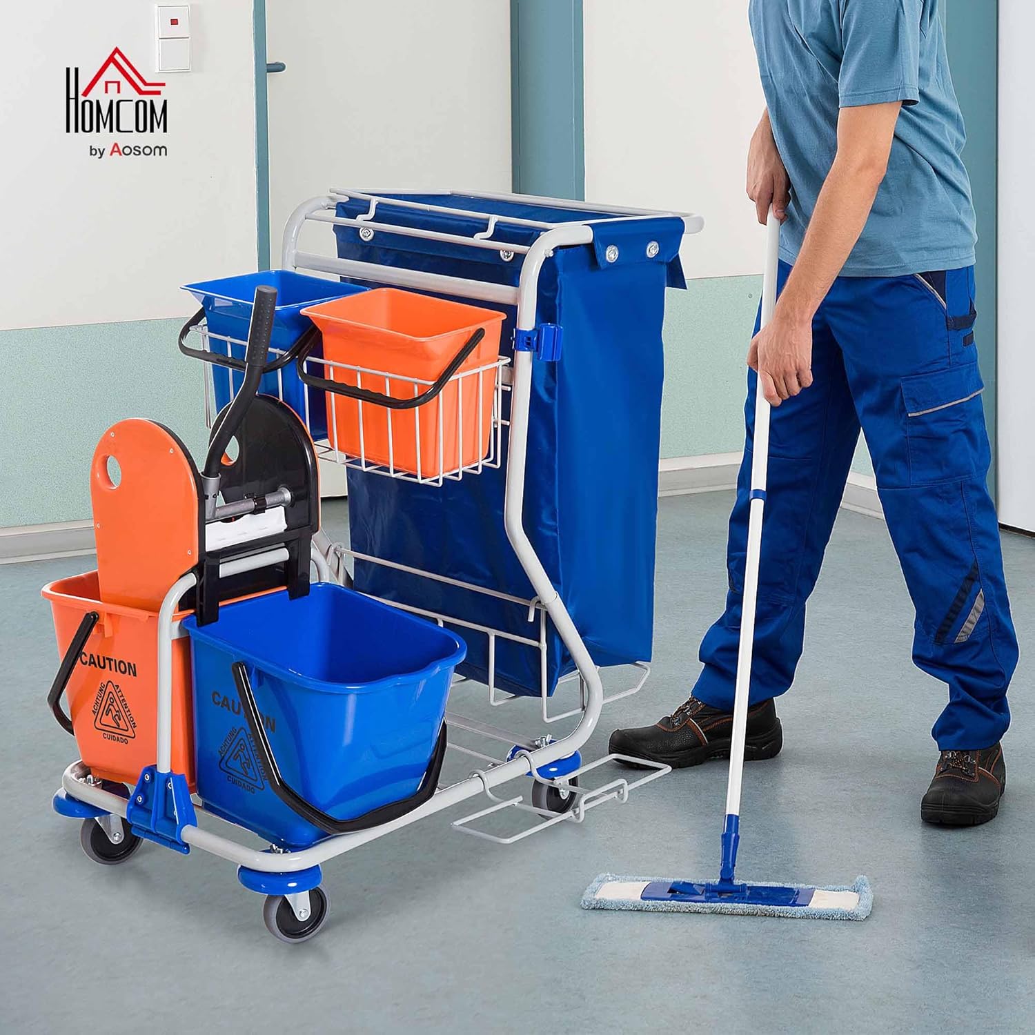 HOMCOM Putzwagen Reinigungswagen mit 2 x 18L & 2 x 6L Eimern Wischwagen Haushaltswagen mit Mopp-Presse, Aufbewahrungskorb, Blau Orange 93 x 80 x 97 cm — Ansicht 2