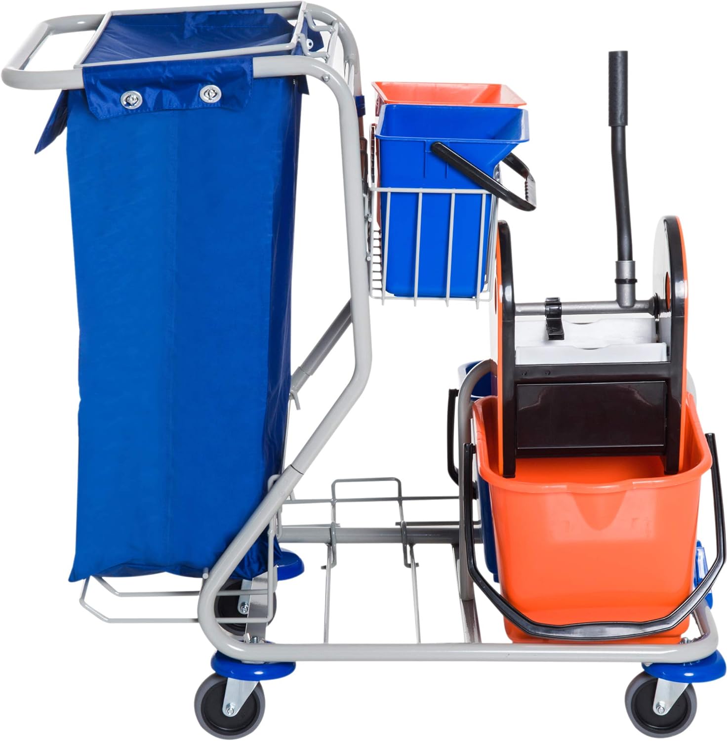 HOMCOM Putzwagen Reinigungswagen mit 2 x 18L & 2 x 6L Eimern Wischwagen Haushaltswagen mit Mopp-Presse, Aufbewahrungskorb, Blau Orange 93 x 80 x 97 cm — Ansicht 3