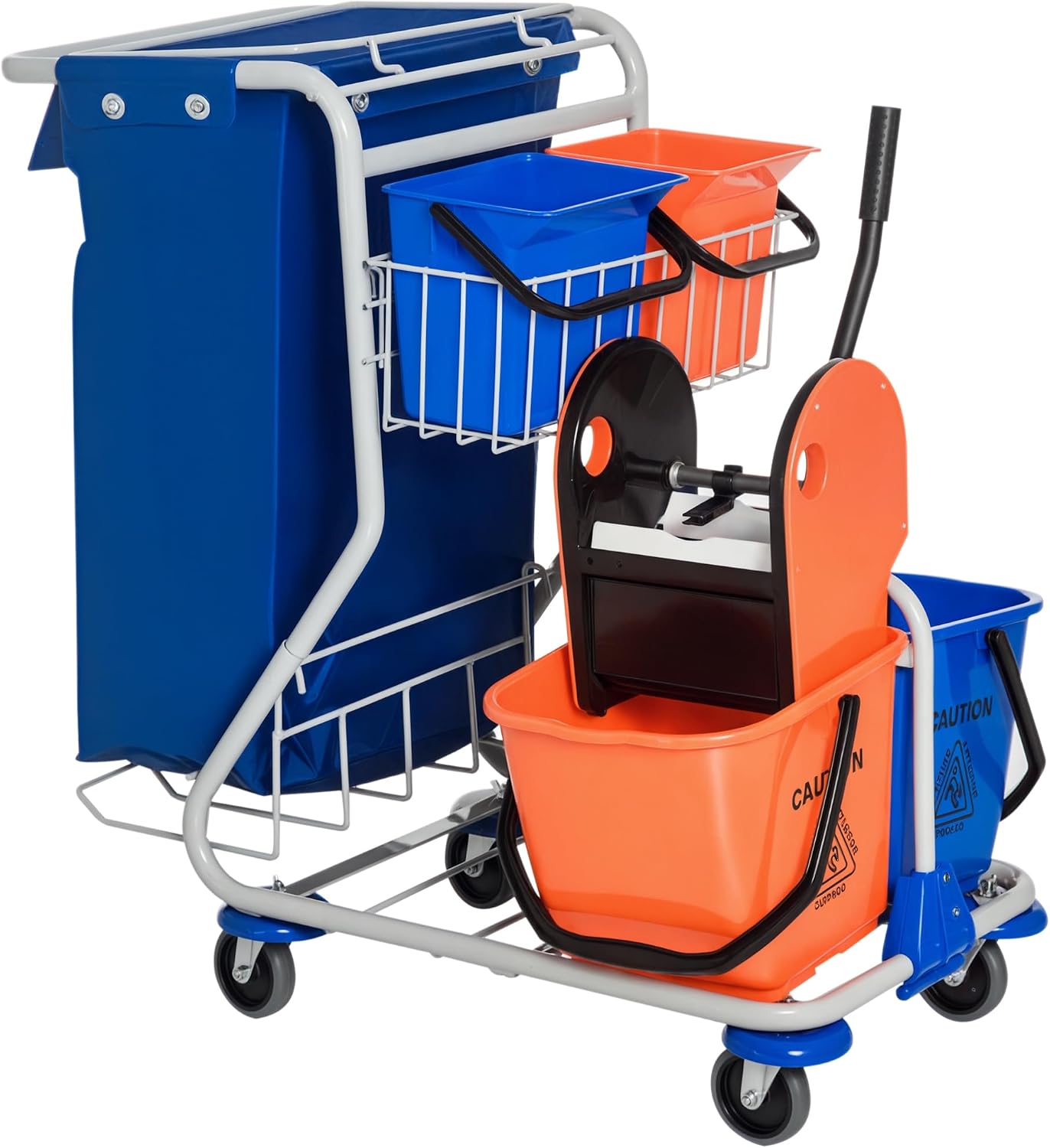 HOMCOM Putzwagen Reinigungswagen mit 2 x 18L & 2 x 6L Eimern Wischwagen Haushaltswagen mit Mopp-Presse, Aufbewahrungskorb, Blau Orange 93 x 80 x 97 cm
