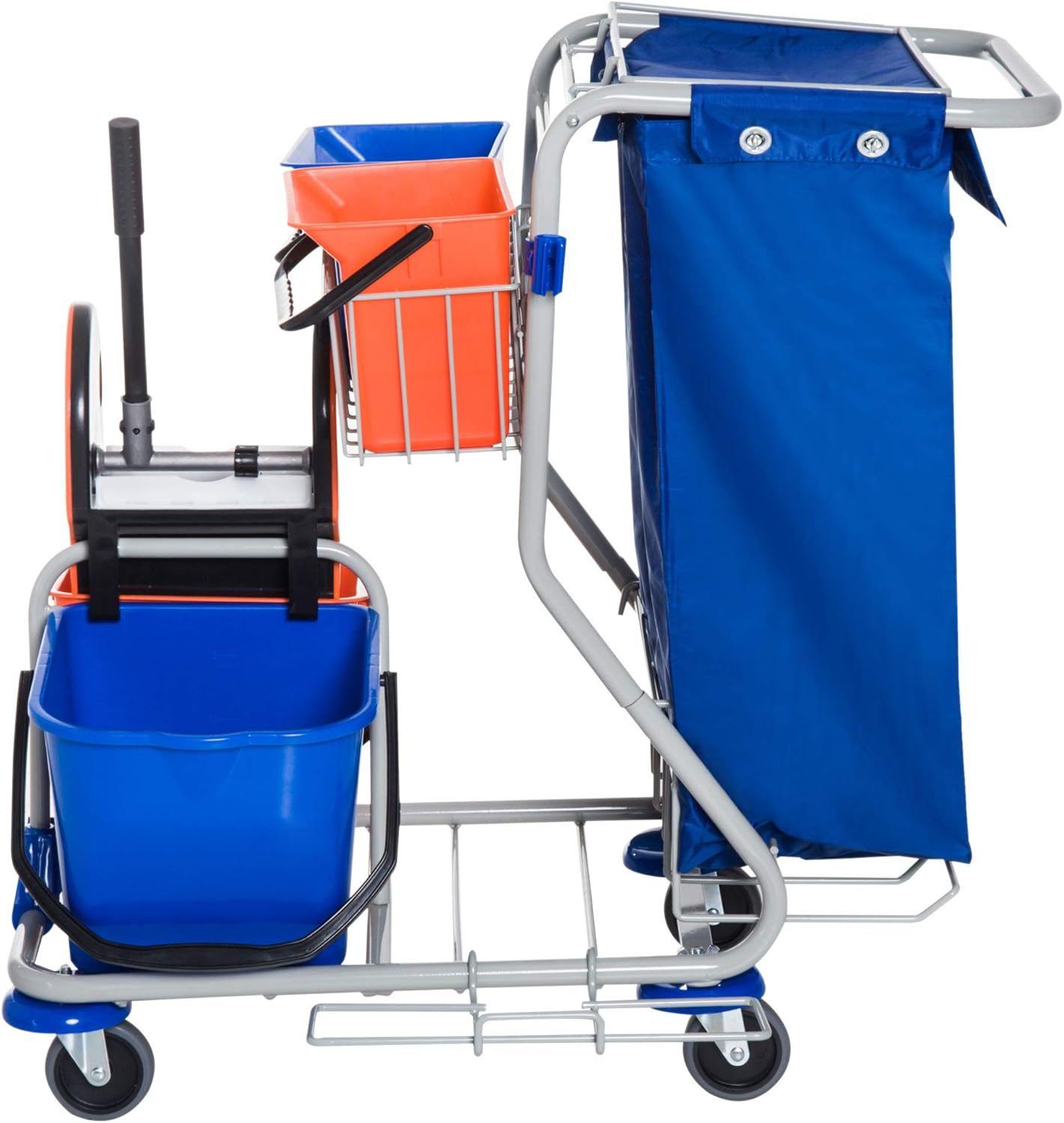HOMCOM Putzwagen Reinigungswagen mit 2 x 18L & 2 x 6L Eimern Wischwagen Haushaltswagen mit Mopp-Presse, Aufbewahrungskorb, Blau Orange 93 x 80 x 97 cm — Ansicht 4