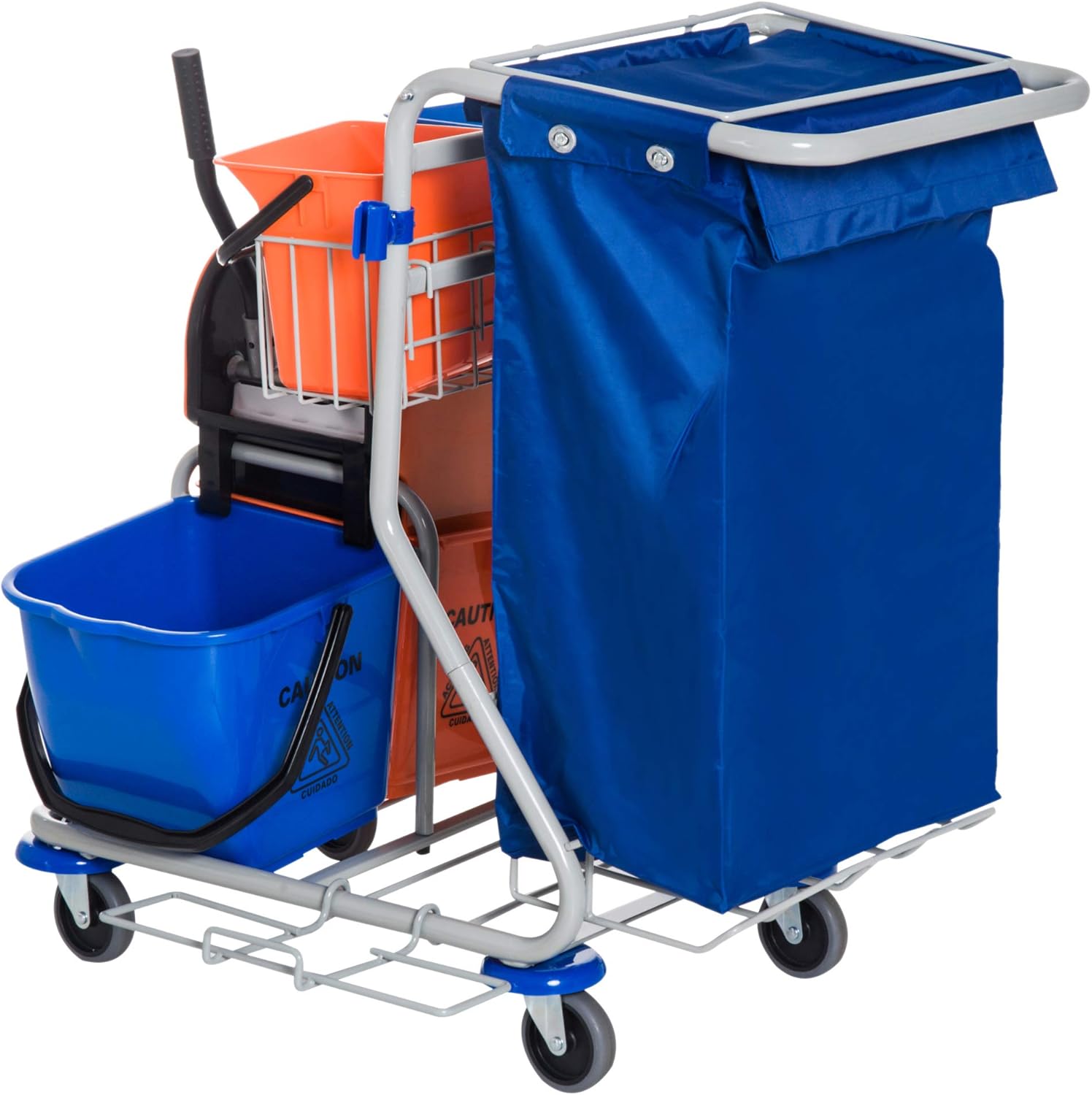 HOMCOM Putzwagen Reinigungswagen mit 2 x 18L & 2 x 6L Eimern Wischwagen Haushaltswagen mit Mopp-Presse, Aufbewahrungskorb, Blau Orange 93 x 80 x 97 cm — Ansicht 5