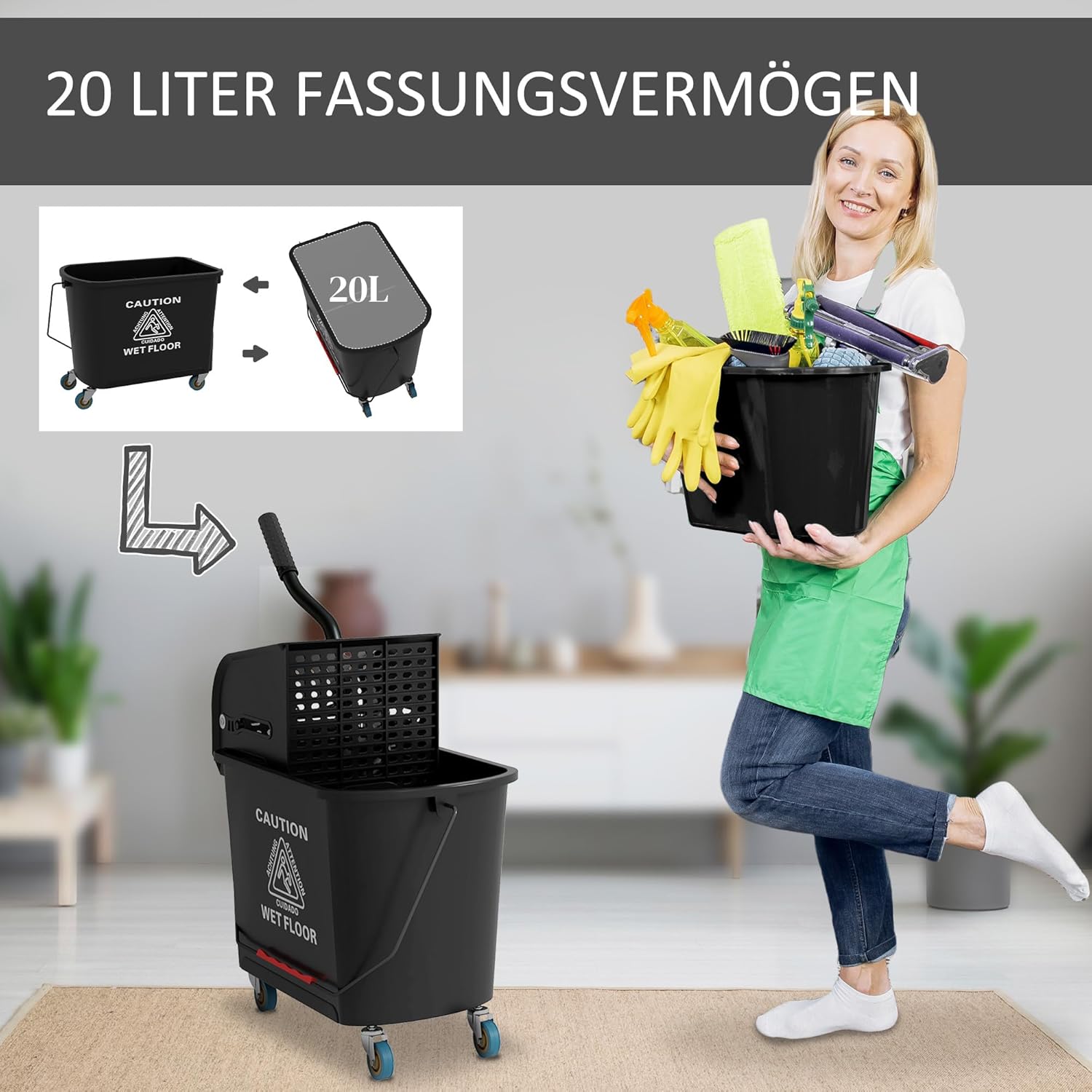 HOMCOM Putzwagen Reinigungswagen mit Wischmopp Presse 20 L Eimer mit Trennwand für Gebäudereinigung Hotel Schwarz — Ansicht 3