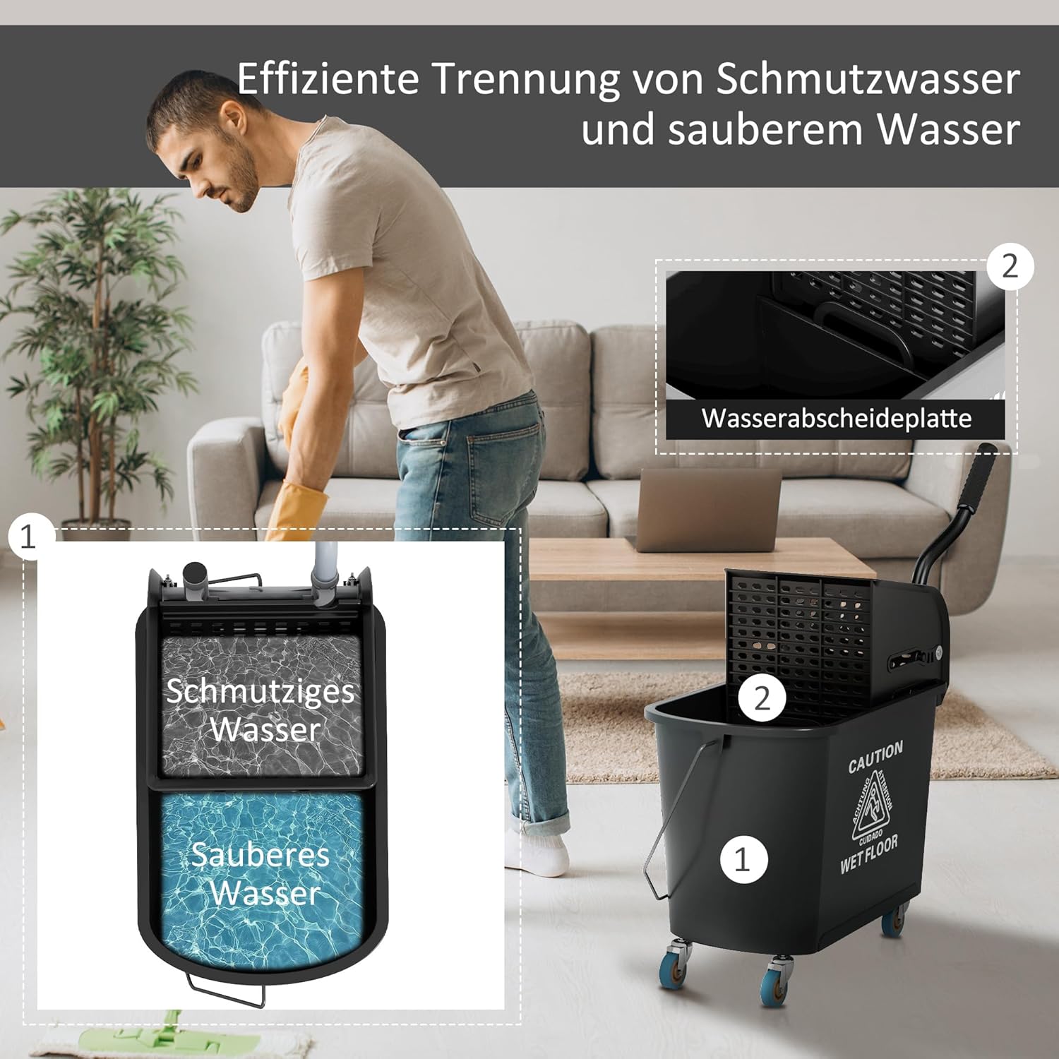 HOMCOM Putzwagen Reinigungswagen mit Wischmopp Presse 20 L Eimer mit Trennwand für Gebäudereinigung Hotel Schwarz — Ansicht 4