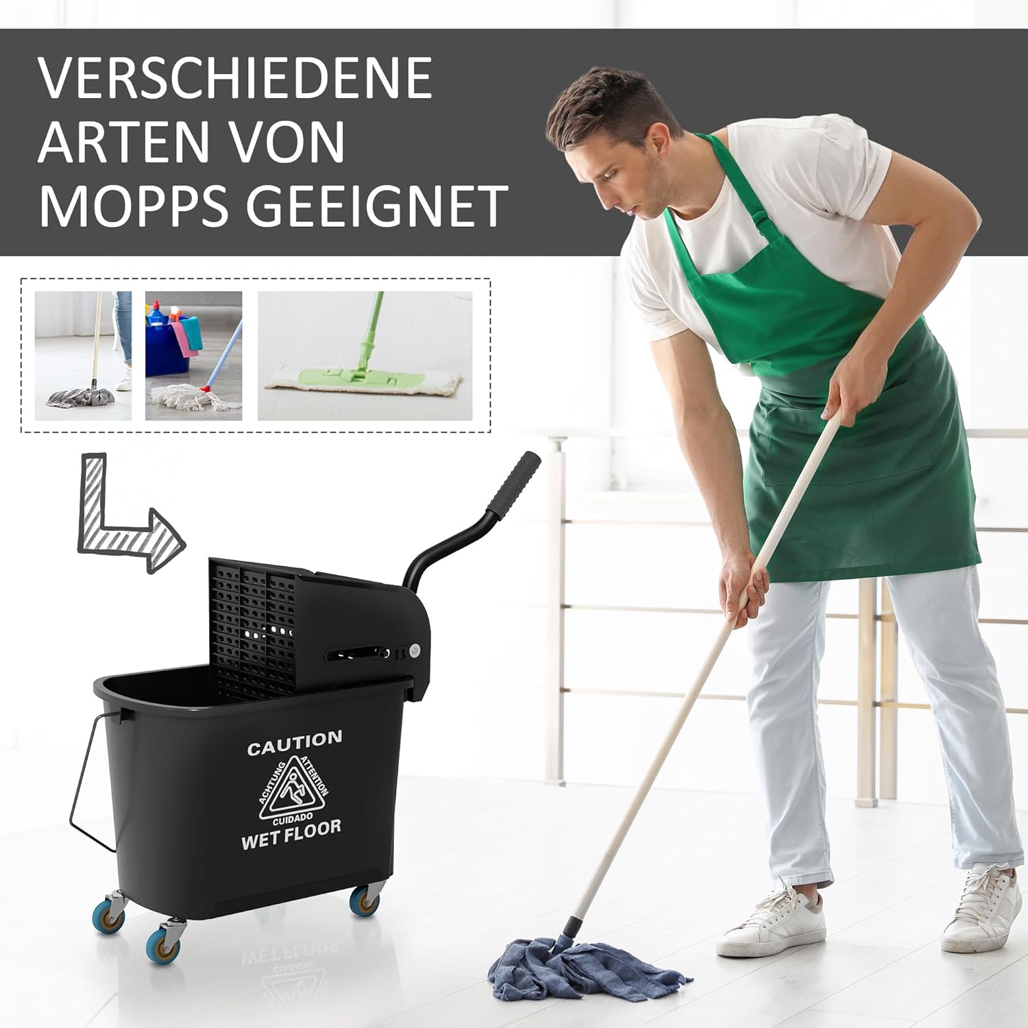 HOMCOM Putzwagen Reinigungswagen mit Wischmopp Presse 20 L Eimer mit Trennwand für Gebäudereinigung Hotel Schwarz — Ansicht 6
