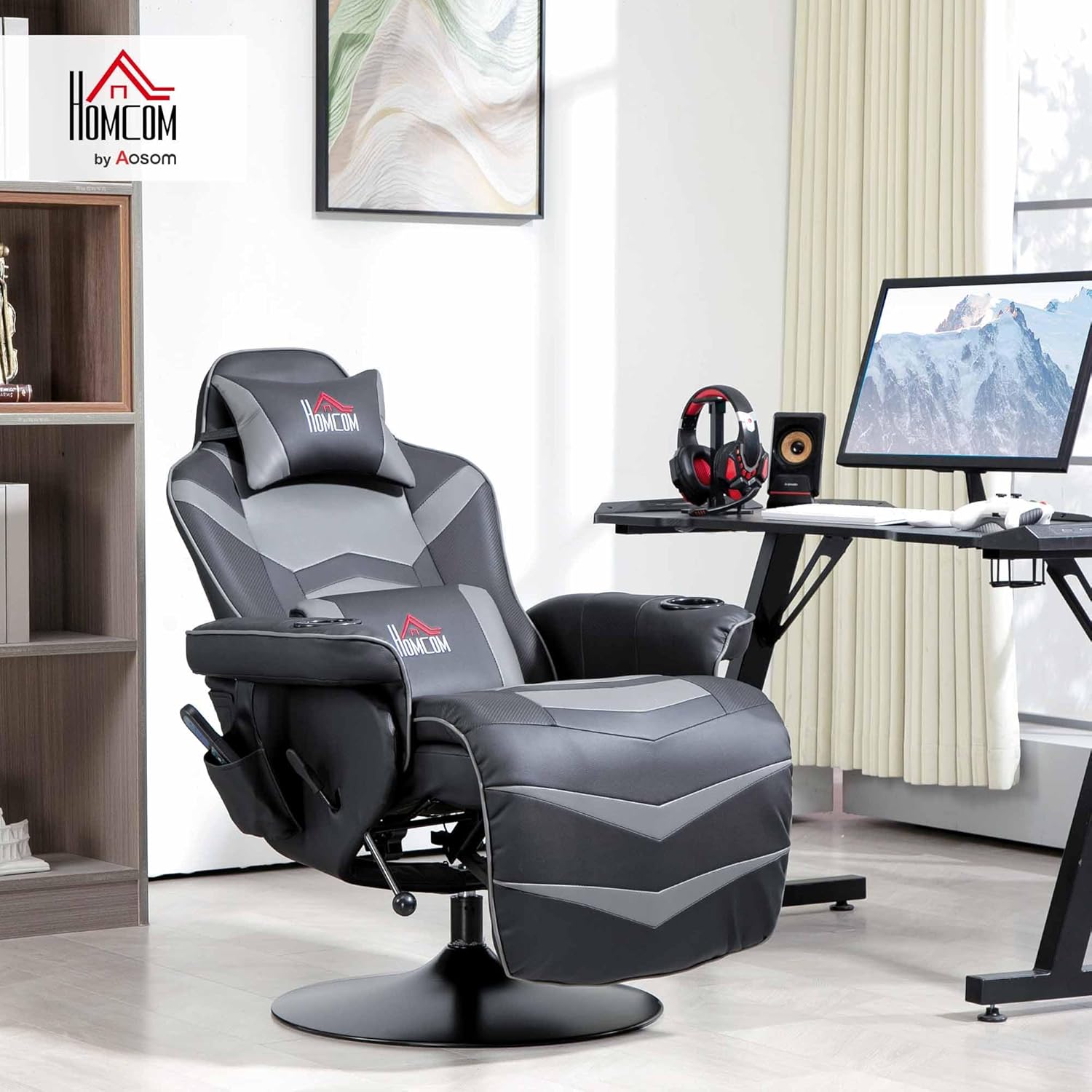 HOMCOM Relaxsessel Elektrisch Fernsehsessel Massagesessel mit Liegefunktion Massage 360° Drehbarer TV Sessel mit Fernbedienung, Becherhalter Seitentasche, für Wohnzimmer Kunstleder Grau — Ansicht 2