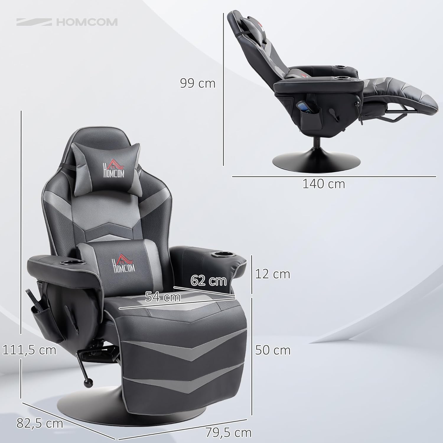 HOMCOM Relaxsessel Elektrisch Fernsehsessel Massagesessel mit Liegefunktion Massage 360° Drehbarer TV Sessel mit Fernbedienung, Becherhalter Seitentasche, für Wohnzimmer Kunstleder Grau — Ansicht 3
