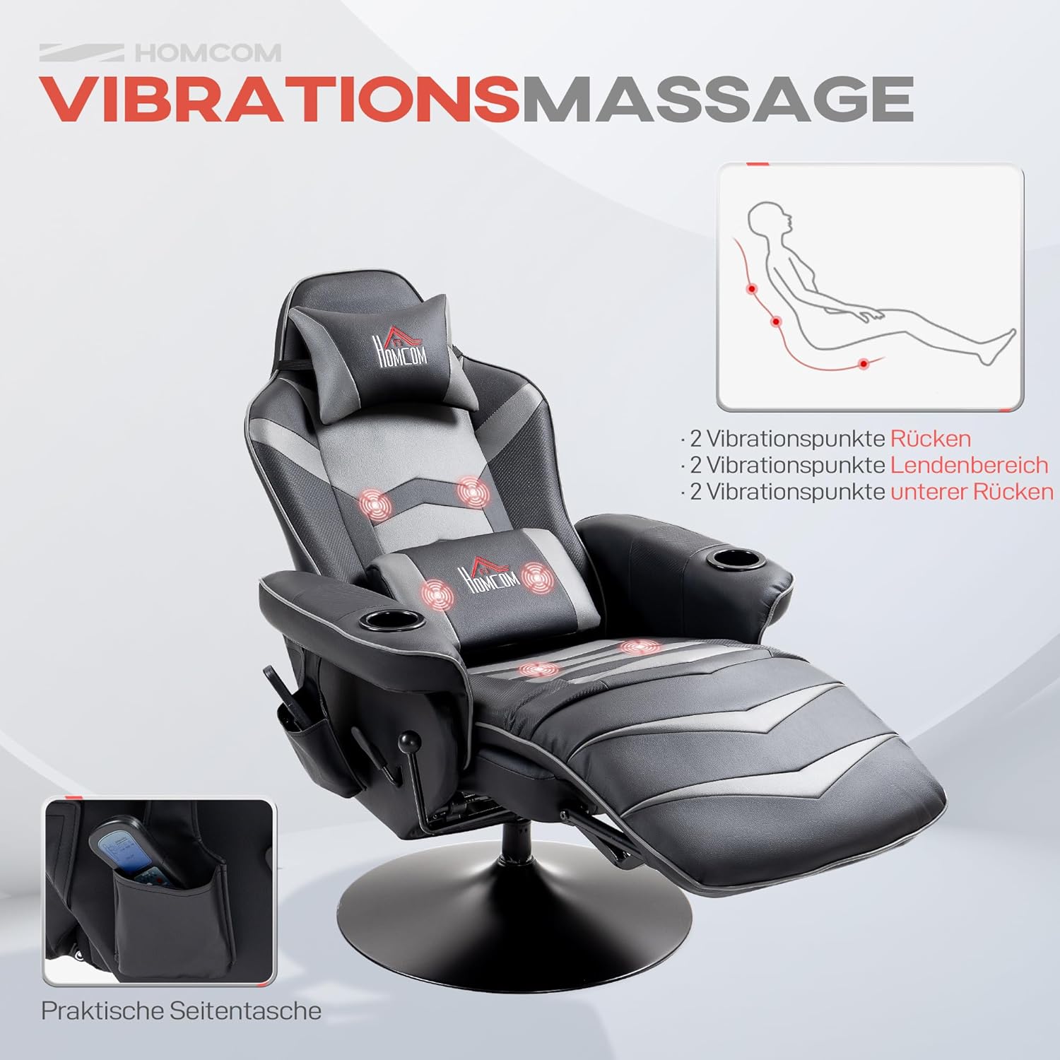 HOMCOM Relaxsessel Elektrisch Fernsehsessel Massagesessel mit Liegefunktion Massage 360° Drehbarer TV Sessel mit Fernbedienung, Becherhalter Seitentasche, für Wohnzimmer Kunstleder Grau — Ansicht 4