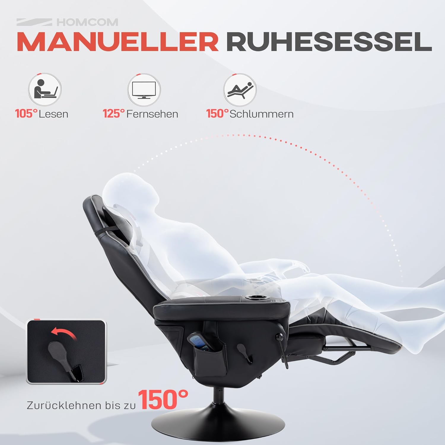 HOMCOM Relaxsessel Elektrisch Fernsehsessel Massagesessel mit Liegefunktion Massage 360° Drehbarer TV Sessel mit Fernbedienung, Becherhalter Seitentasche, für Wohnzimmer Kunstleder Grau — Ansicht 5
