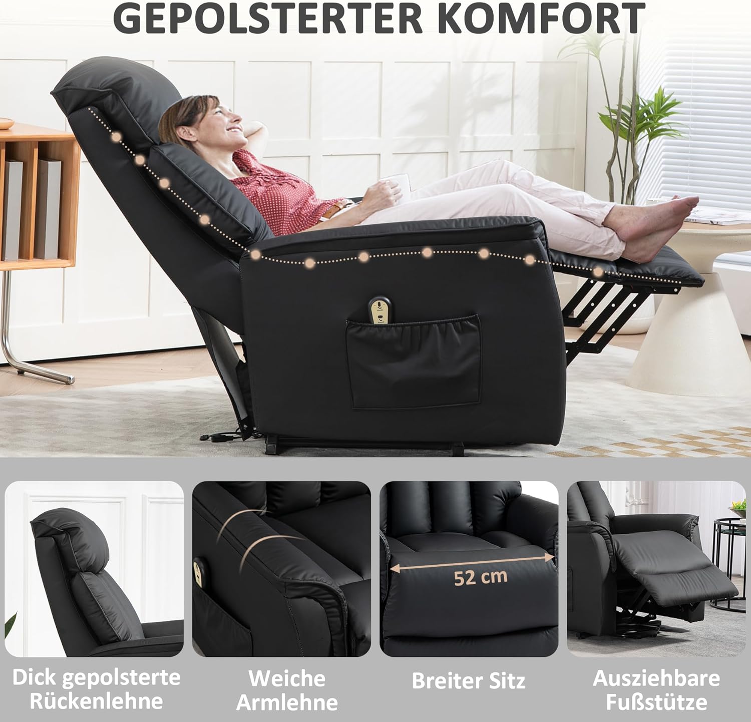 HOMCOM Relaxsessel Elektrisch Fernsehsessel mit Aufstehhilfe, Liegefunktion, TV Sessel mit Fußteil, Seitentasche, Fernbedienung, für Wohnzimmer, bis 150 kg, Kunstleder, Schwarz — Ansicht 4