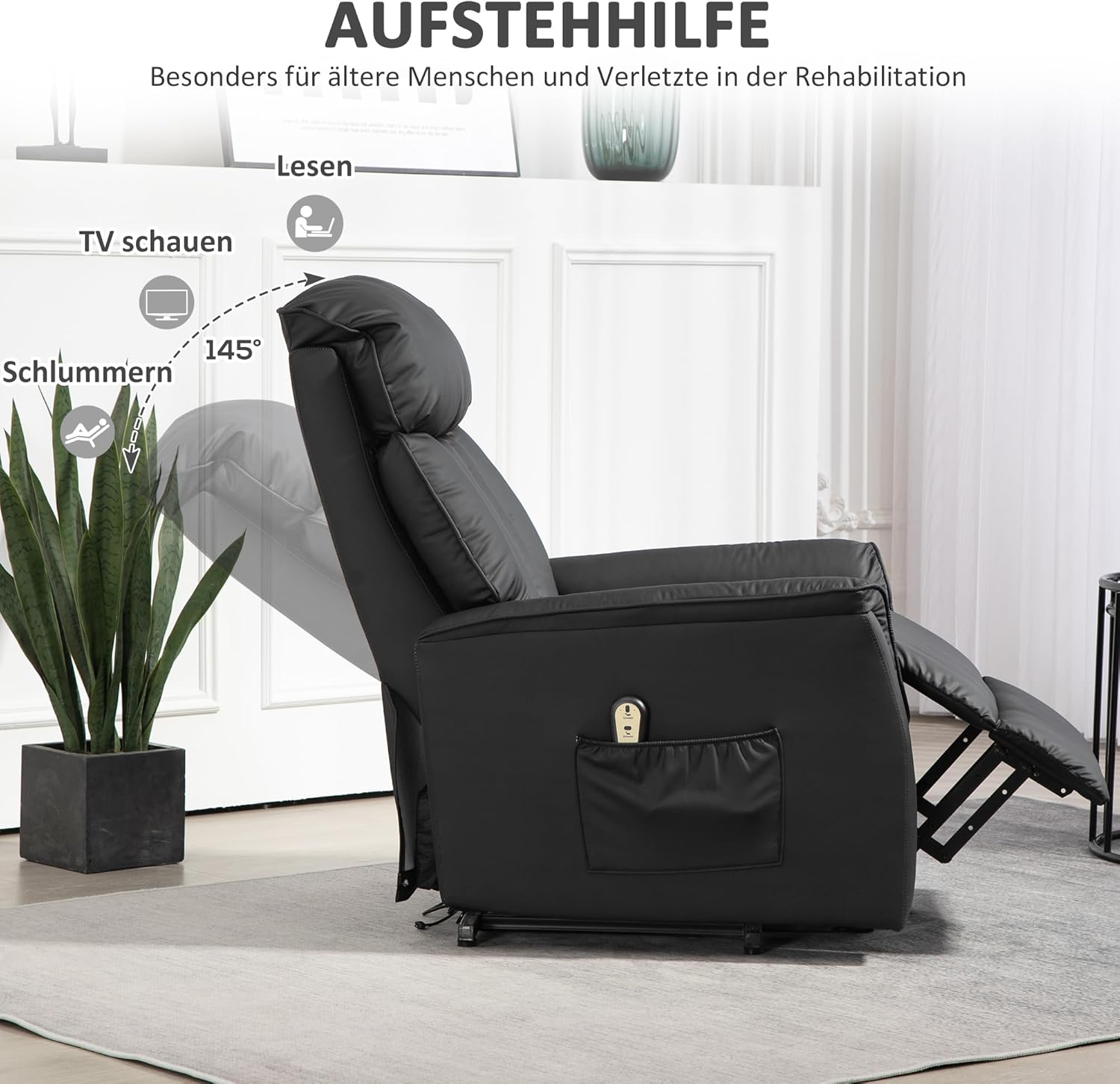 HOMCOM Relaxsessel Elektrisch Fernsehsessel mit Aufstehhilfe, Liegefunktion, TV Sessel mit Fußteil, Seitentasche, Fernbedienung, für Wohnzimmer, bis 150 kg, Kunstleder, Schwarz — Ansicht 6