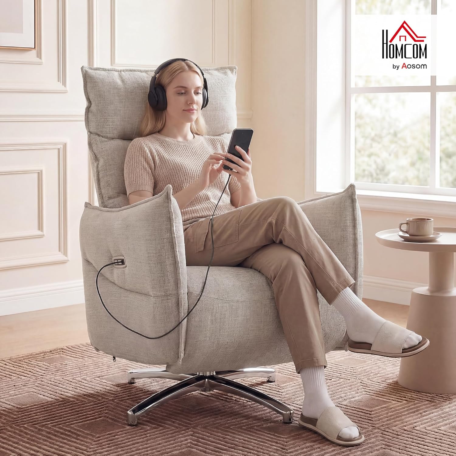 HOMCOM Relaxsessel Elektrisch Fernsessel mit Liegefunktion, Drehbar TV Sessel mit Ladeanschlüssen, Leinenoptik, Fußstütze, Hohe Rückenlehne für Schlafzimmer, Wohnzimmer, Beige — Ansicht 2