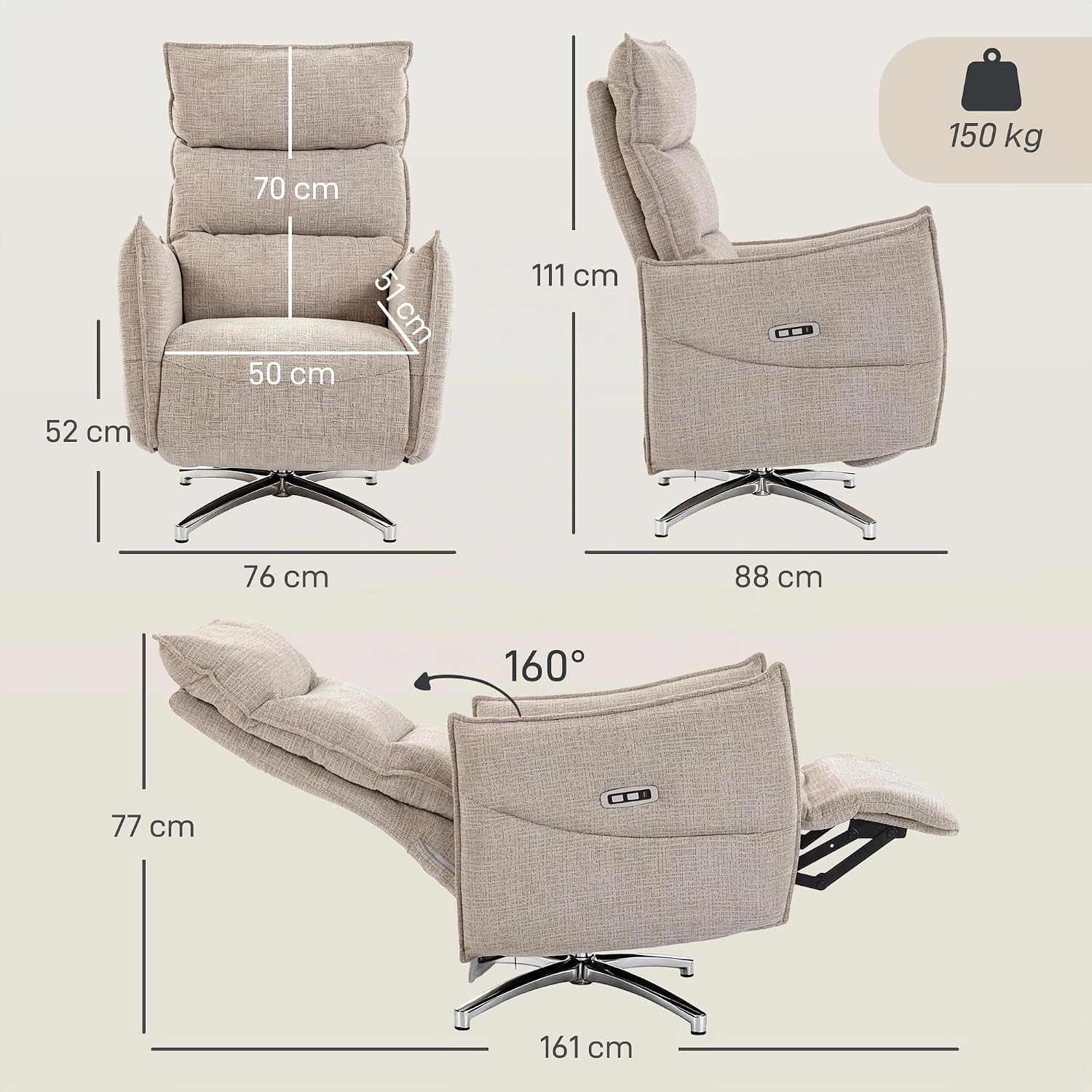 HOMCOM Relaxsessel Elektrisch Fernsessel mit Liegefunktion, Drehbar TV Sessel mit Ladeanschlüssen, Leinenoptik, Fußstütze, Hohe Rückenlehne für Schlafzimmer, Wohnzimmer, Beige — Ansicht 3