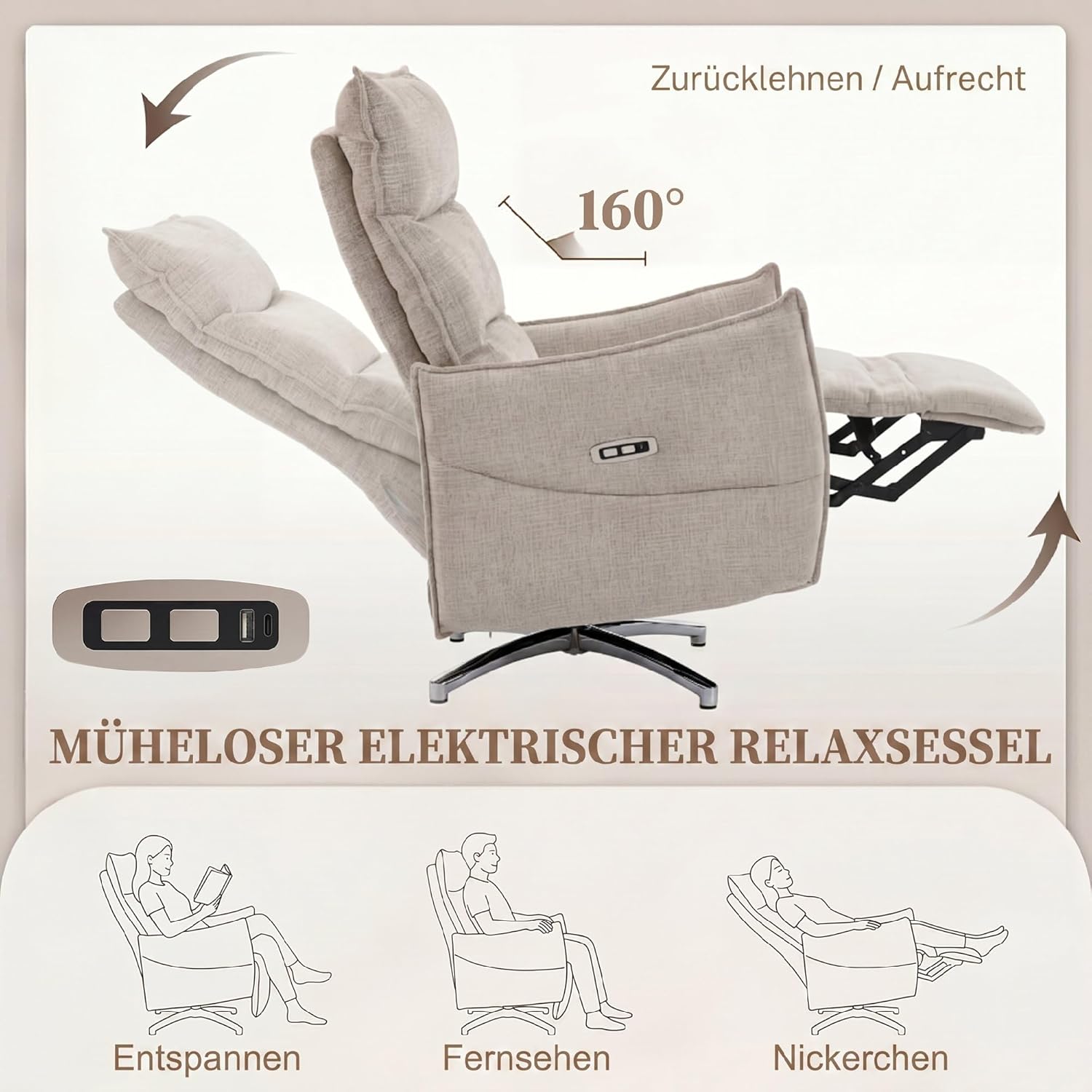HOMCOM Relaxsessel Elektrisch Fernsessel mit Liegefunktion, Drehbar TV Sessel mit Ladeanschlüssen, Leinenoptik, Fußstütze, Hohe Rückenlehne für Schlafzimmer, Wohnzimmer, Beige — Ansicht 4