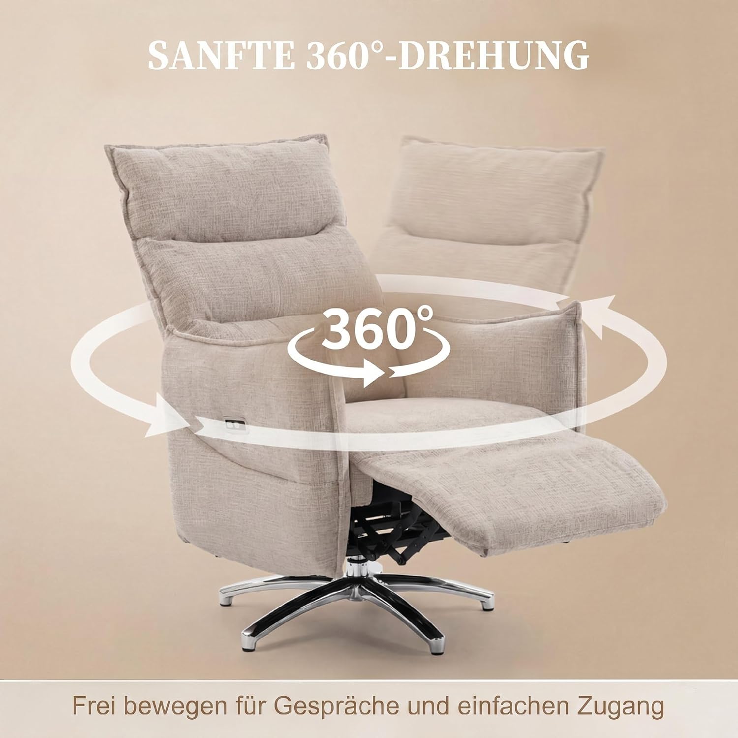 HOMCOM Relaxsessel Elektrisch Fernsessel mit Liegefunktion, Drehbar TV Sessel mit Ladeanschlüssen, Leinenoptik, Fußstütze, Hohe Rückenlehne für Schlafzimmer, Wohnzimmer, Beige — Ansicht 5