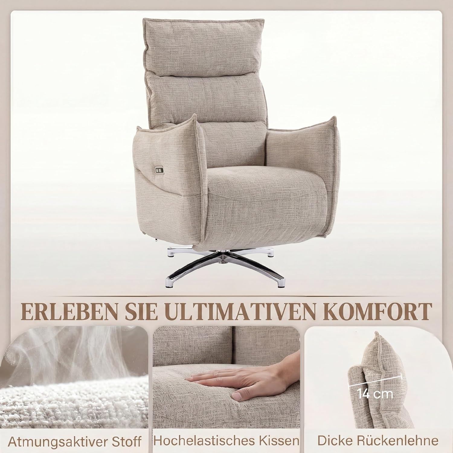 HOMCOM Relaxsessel Elektrisch Fernsessel mit Liegefunktion, Drehbar TV Sessel mit Ladeanschlüssen, Leinenoptik, Fußstütze, Hohe Rückenlehne für Schlafzimmer, Wohnzimmer, Beige — Ansicht 6