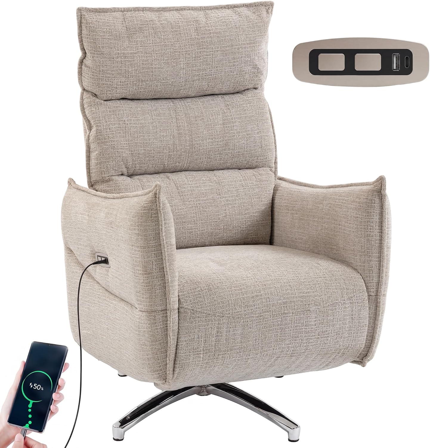 HOMCOM Relaxsessel Elektrisch Fernsessel mit Liegefunktion, Drehbar TV Sessel mit Ladeanschlüssen, Leinenoptik, Fußstütze, Hohe Rückenlehne für Schlafzimmer, Wohnzimmer, Beige
