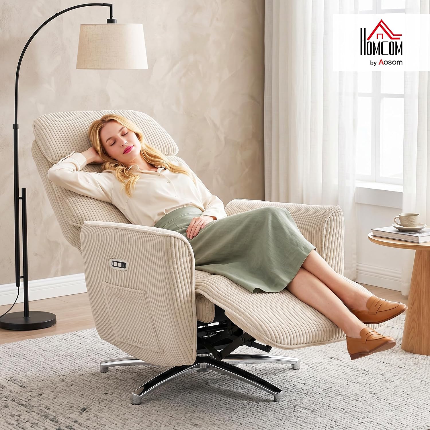 HOMCOM Relaxsessel Elektrisch Verstellbar Fernsessel mit Liegefunktion, 2 Motoren Drehbar TV Sessel mit USB-Anschluss, Verstellbarer Kopfstütz und Rückenlehne, Cord-Optik für Wohnzimmer, Creme — Ansicht 2