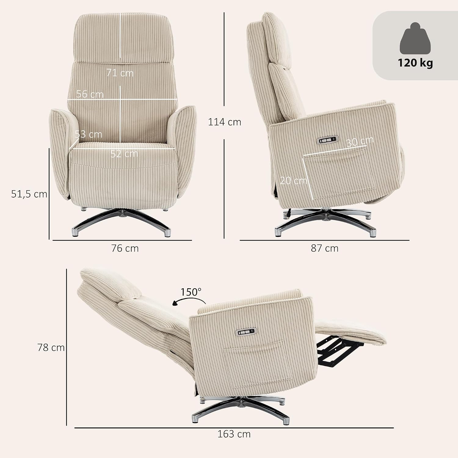 HOMCOM Relaxsessel Elektrisch Verstellbar Fernsessel mit Liegefunktion, 2 Motoren Drehbar TV Sessel mit USB-Anschluss, Verstellbarer Kopfstütz und Rückenlehne, Cord-Optik für Wohnzimmer, Creme — Ansicht 3