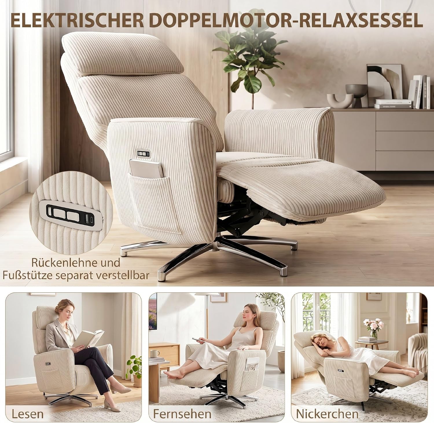 HOMCOM Relaxsessel Elektrisch Verstellbar Fernsessel mit Liegefunktion, 2 Motoren Drehbar TV Sessel mit USB-Anschluss, Verstellbarer Kopfstütz und Rückenlehne, Cord-Optik für Wohnzimmer, Creme — Ansicht 4