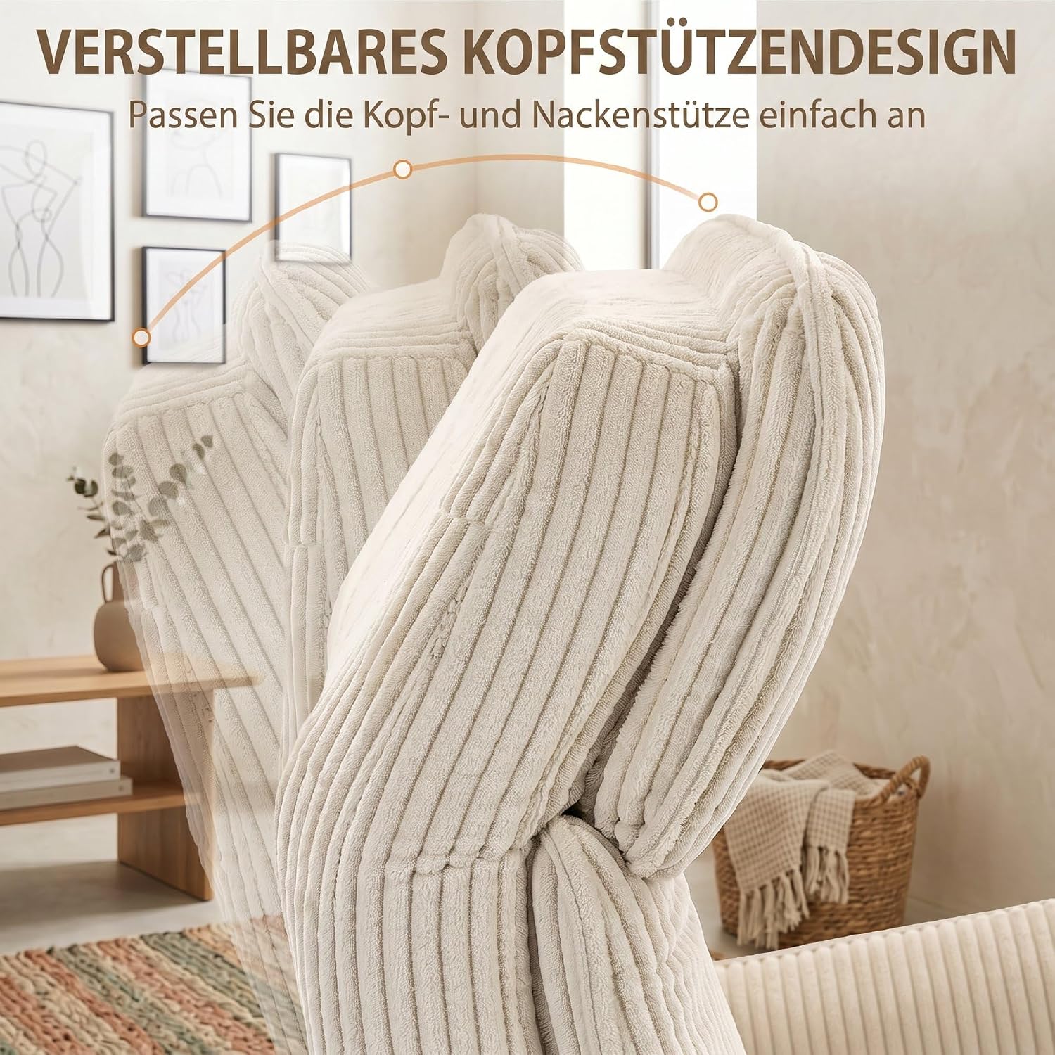 HOMCOM Relaxsessel Elektrisch Verstellbar Fernsessel mit Liegefunktion, 2 Motoren Drehbar TV Sessel mit USB-Anschluss, Verstellbarer Kopfstütz und Rückenlehne, Cord-Optik für Wohnzimmer, Creme — Ansicht 5