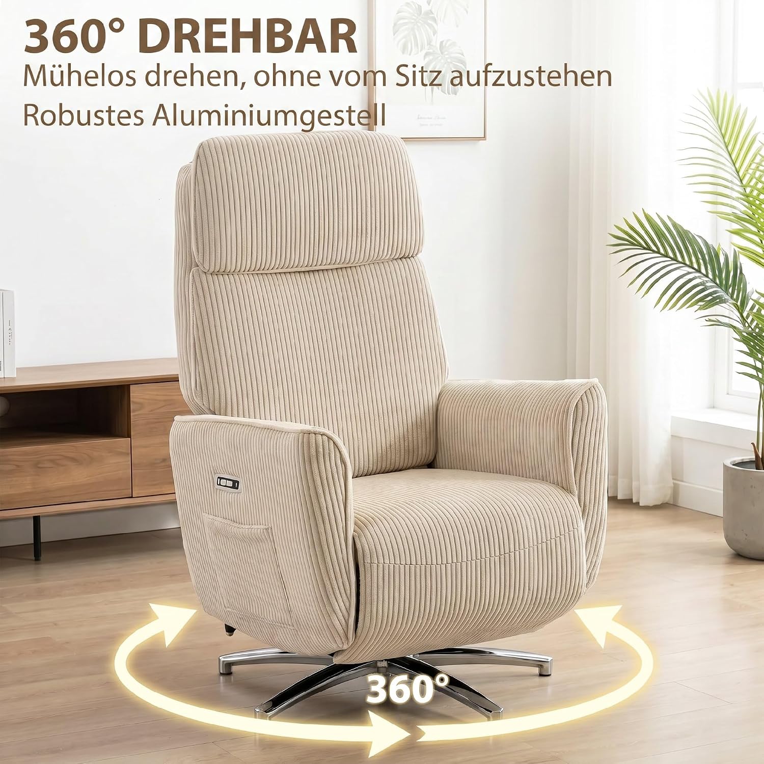 HOMCOM Relaxsessel Elektrisch Verstellbar Fernsessel mit Liegefunktion, 2 Motoren Drehbar TV Sessel mit USB-Anschluss, Verstellbarer Kopfstütz und Rückenlehne, Cord-Optik für Wohnzimmer, Creme — Ansicht 6
