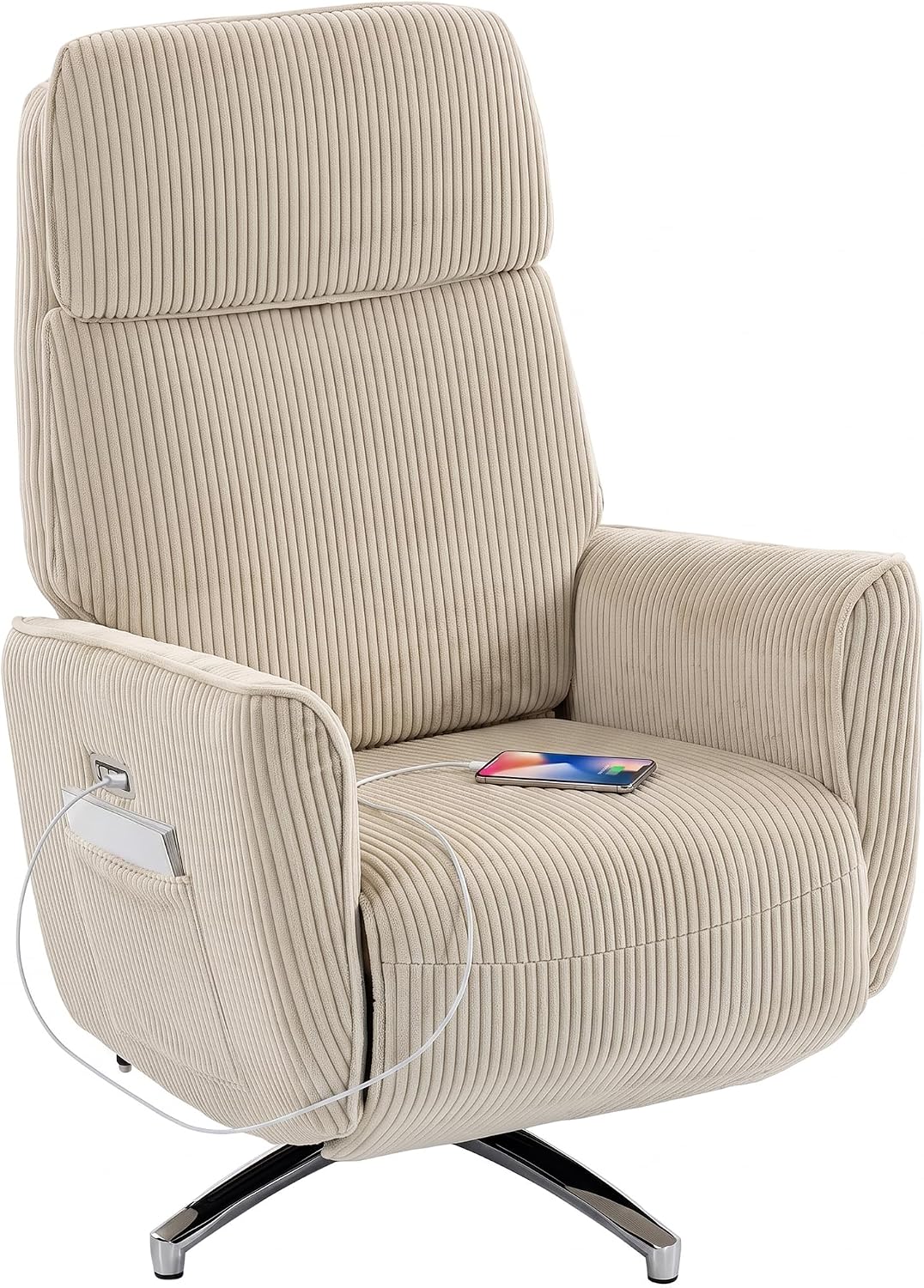 HOMCOM Relaxsessel Elektrisch Verstellbar Fernsessel mit Liegefunktion, 2 Motoren Drehbar TV Sessel mit USB-Anschluss, Verstellbarer Kopfstütz und Rückenlehne, Cord-Optik für Wohnzimmer, Creme