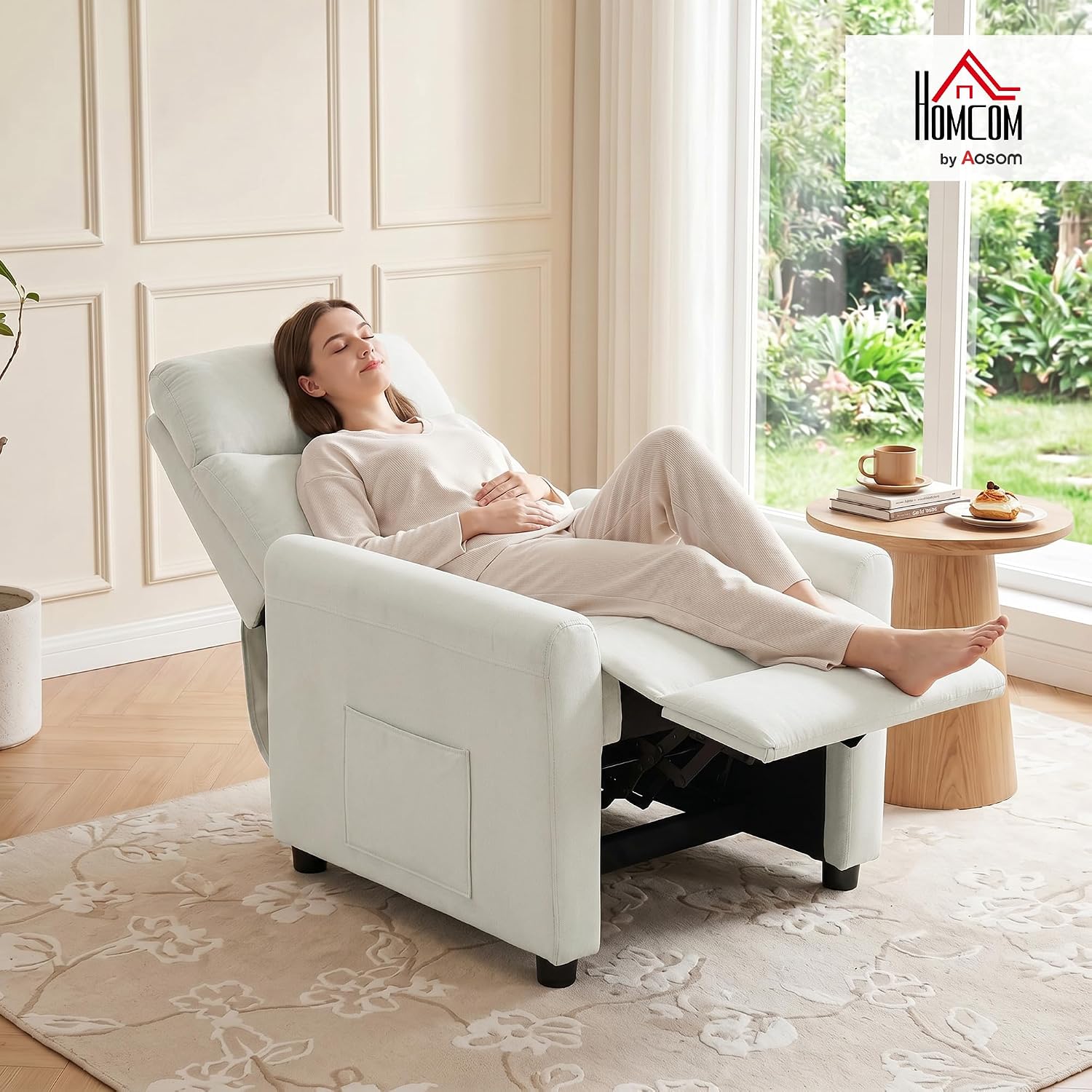 HOMCOM Relaxsessel Fernsehessel mit Liegefunktion, TV Sessel mit Taschenfedern, Fußstütze, Stoff in Leinenoptik, Ruhesessel für Wohnzimmer, Cremeweiß — Ansicht 2
