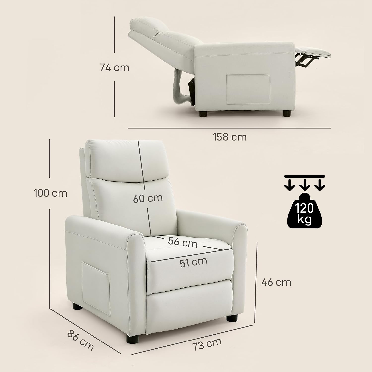 HOMCOM Relaxsessel Fernsehessel mit Liegefunktion, TV Sessel mit Taschenfedern, Fußstütze, Stoff in Leinenoptik, Ruhesessel für Wohnzimmer, Cremeweiß — Ansicht 3
