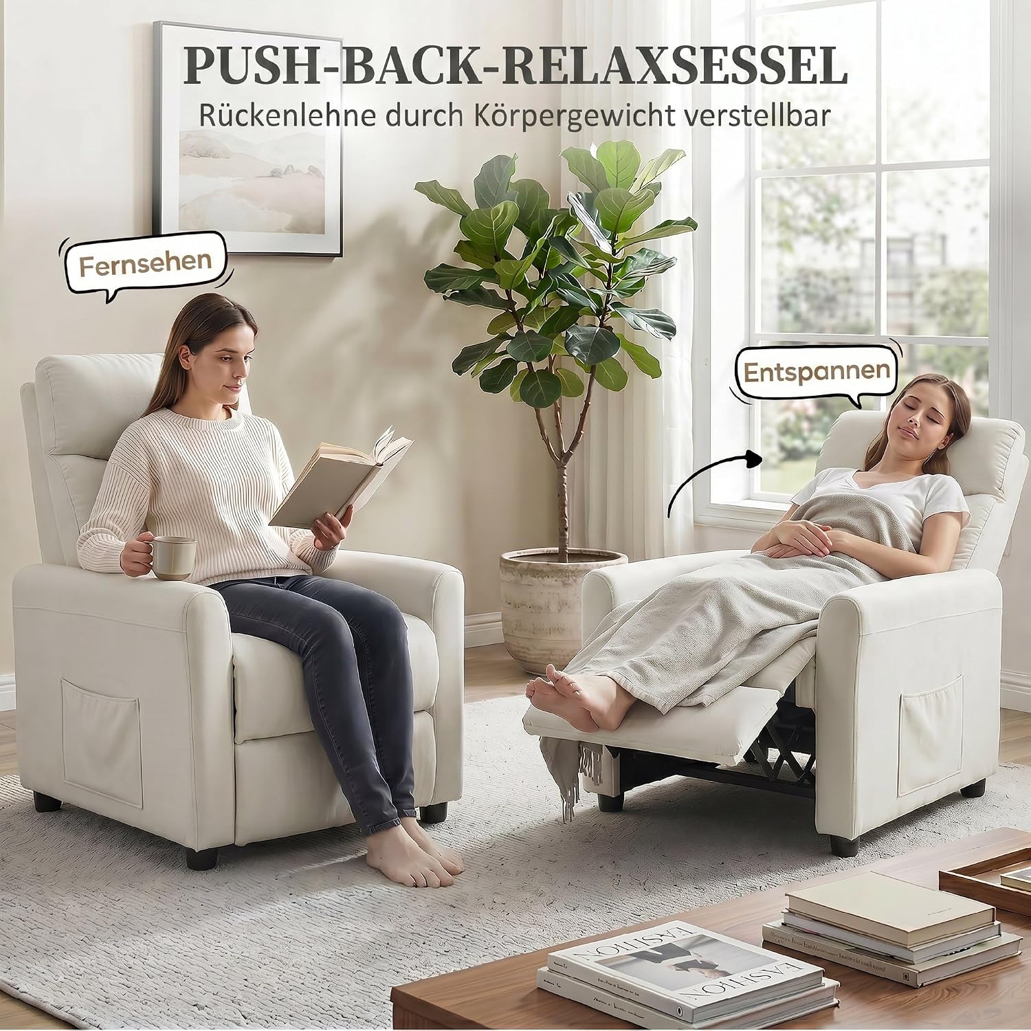 HOMCOM Relaxsessel Fernsehessel mit Liegefunktion, TV Sessel mit Taschenfedern, Fußstütze, Stoff in Leinenoptik, Ruhesessel für Wohnzimmer, Cremeweiß — Ansicht 4