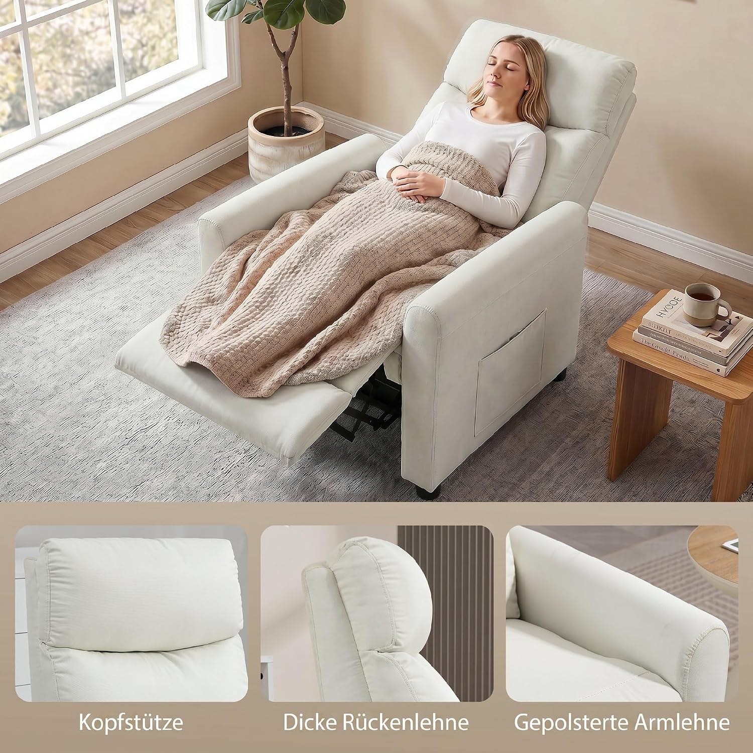 HOMCOM Relaxsessel Fernsehessel mit Liegefunktion, TV Sessel mit Taschenfedern, Fußstütze, Stoff in Leinenoptik, Ruhesessel für Wohnzimmer, Cremeweiß — Ansicht 6