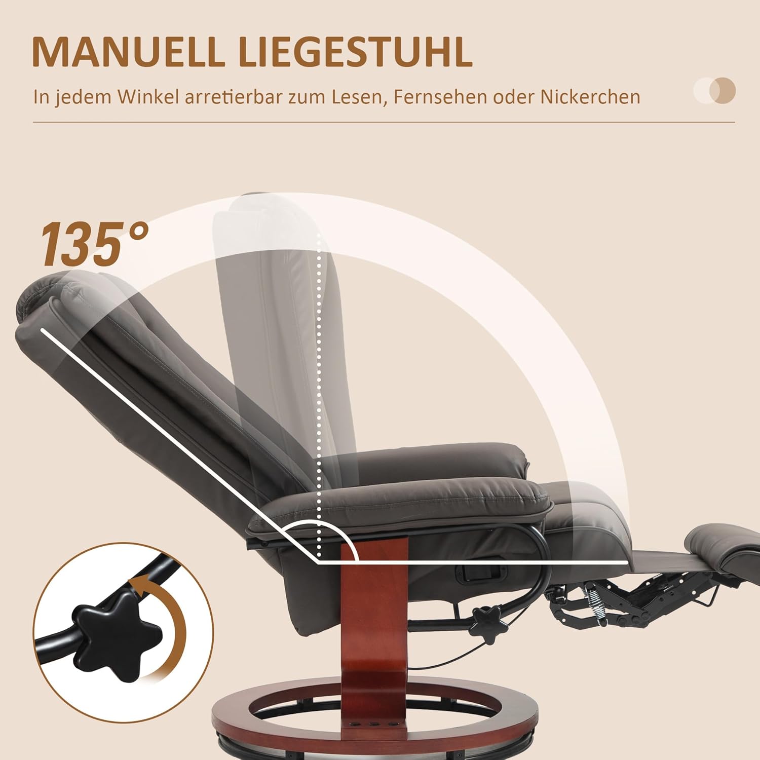 HOMCOM Relaxsessel Fernsehsessel mit Liegefunktion, Drehbarer Ruhesessel TV-Sessel mit Verstellbarer Rückenlehne Liegesessel bis 150 kg Belastbar, Kunstleder, Braun — Ansicht 4